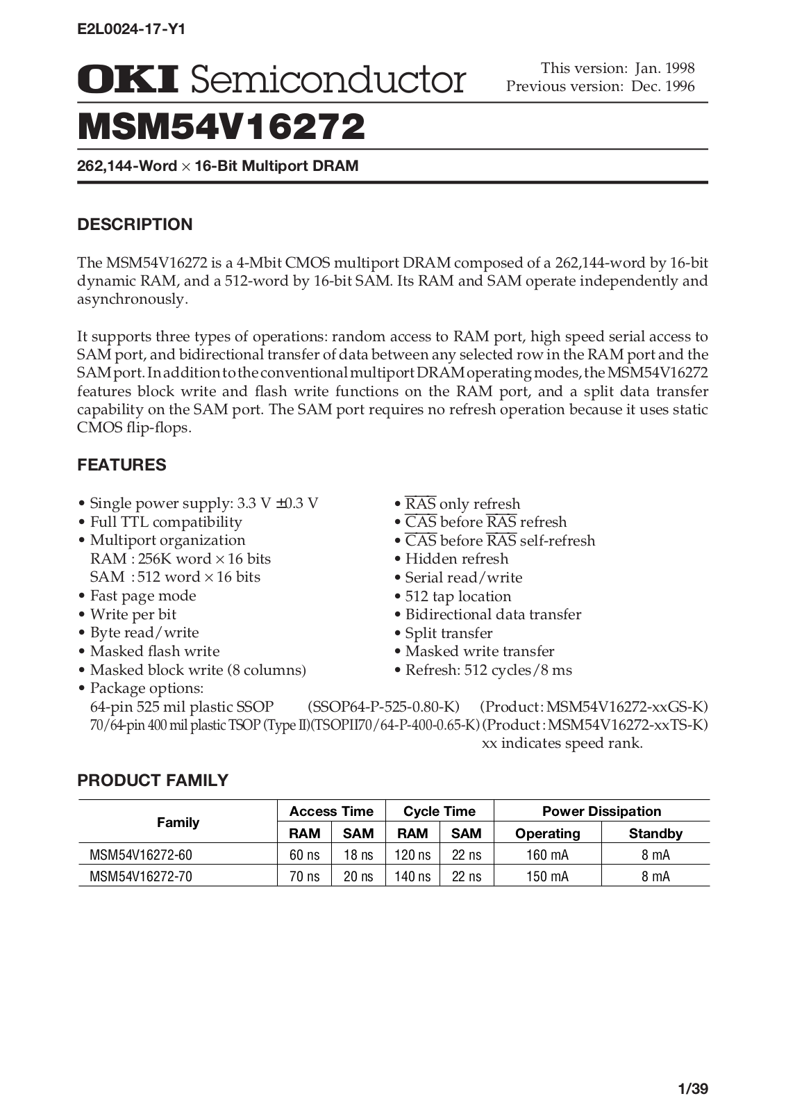 OKI MSM54V16272-70TS-K, MSM54V16272-70GS-K, MSM54V16272-60GS-K, MSM54V16272-60TS-K Datasheet