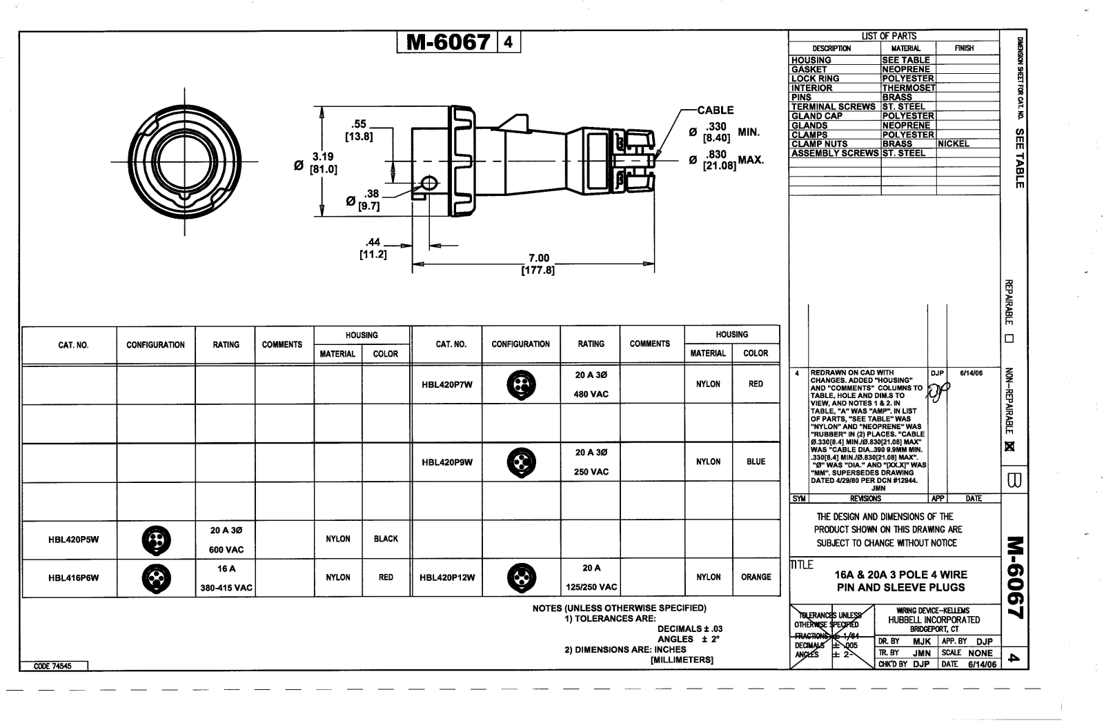 Hubbell HBL416P6W Reference Drawing