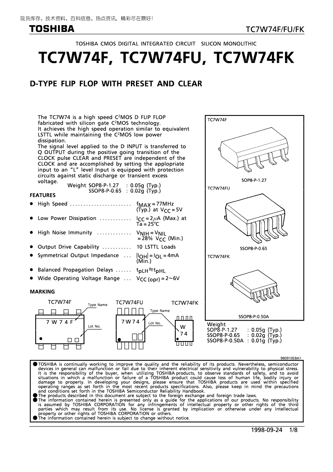 TOSHIBA TCW74FK Technical data