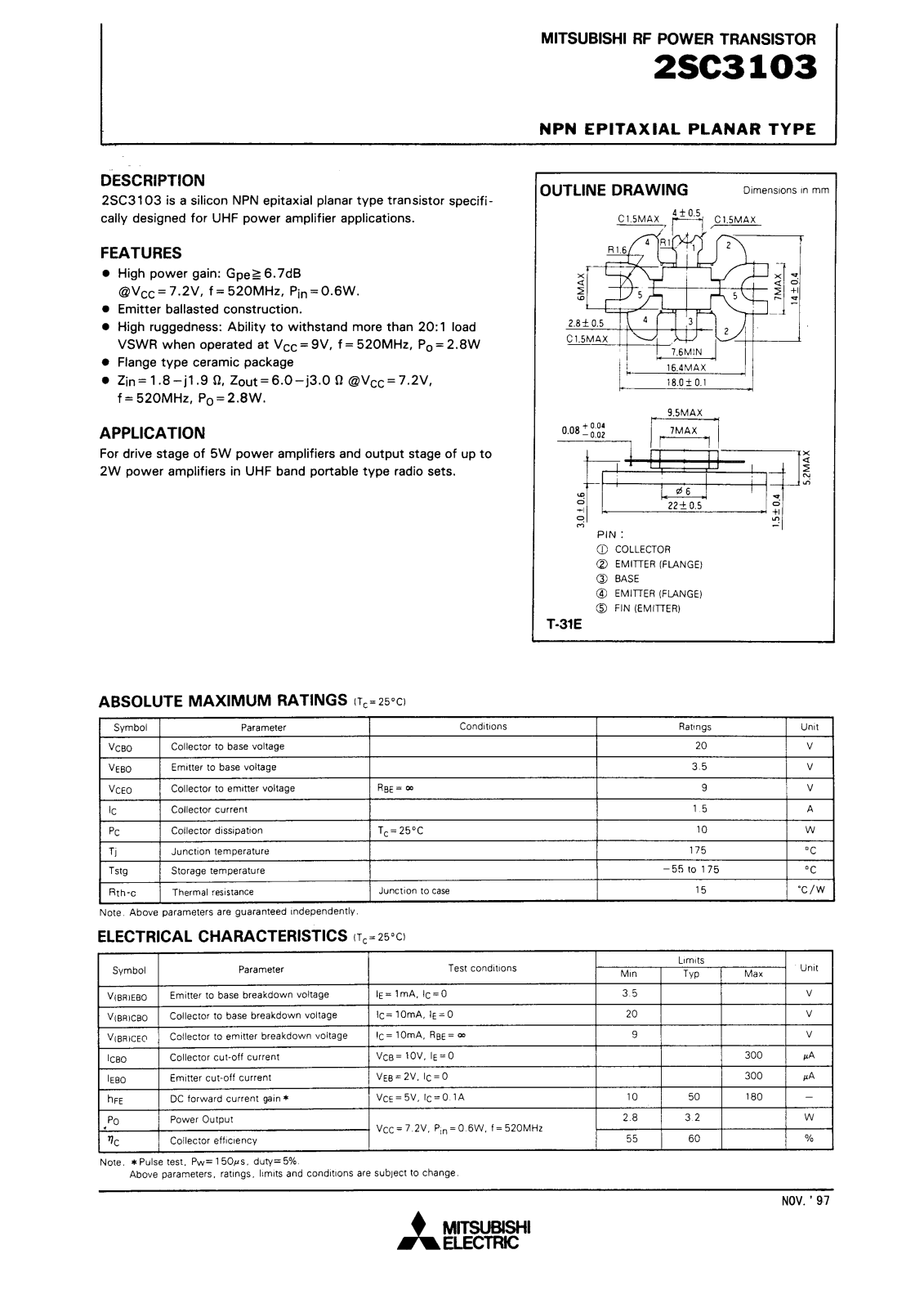 Mitsubishi Electric Corporation Semiconductor Group 2SC3103 Datasheet