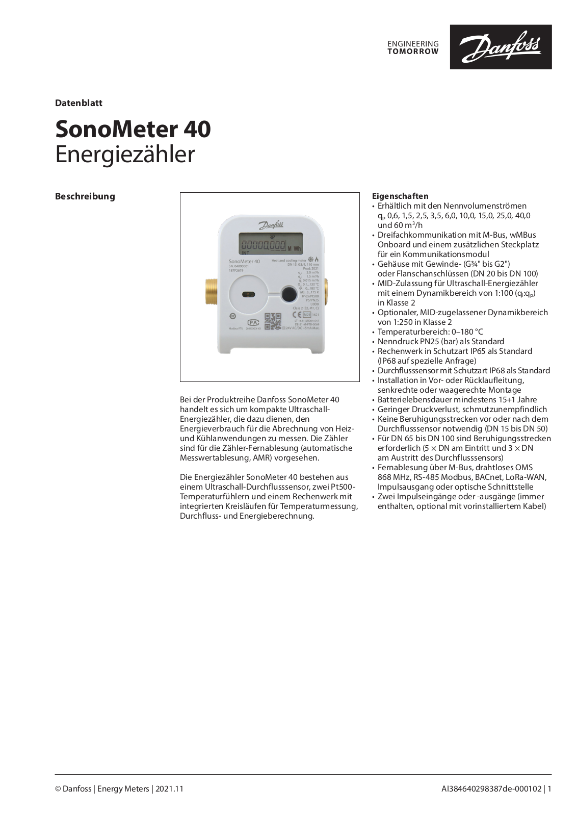 Danfoss SonoMeter 40 Data sheet