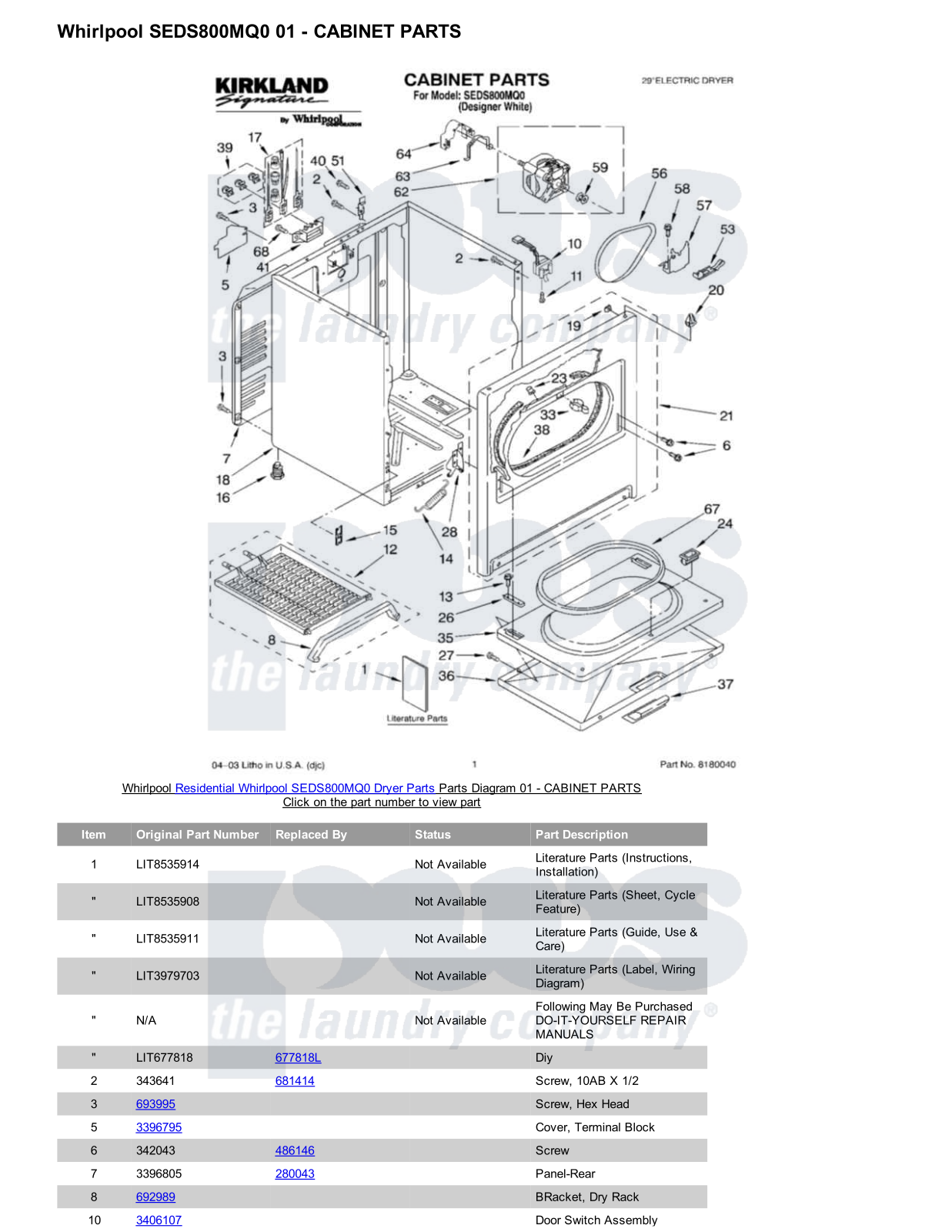 Whirlpool SEDS800MQ0 Parts Diagram