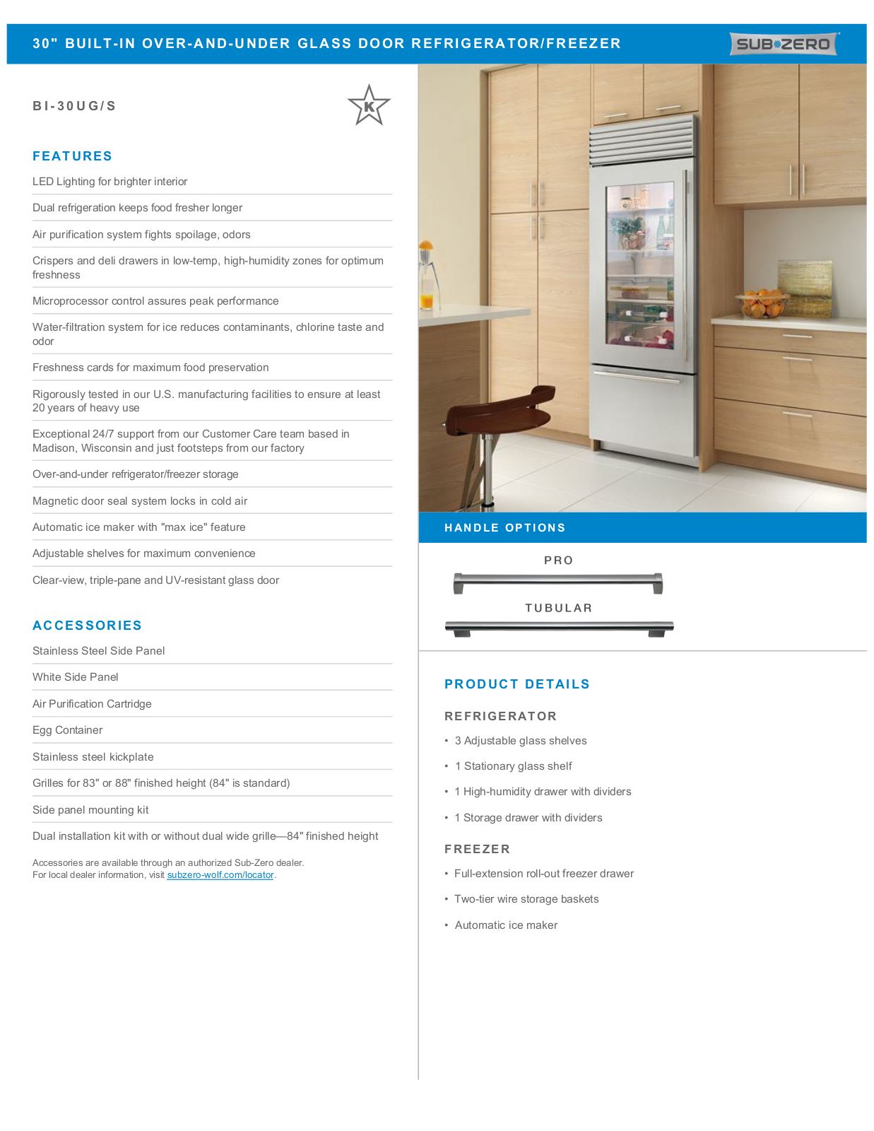 Sub-Zero BI30UGSPH, BI30UGSPHLH, BI30UGSTHRH, BI30UGSTHLH Specification Sheet