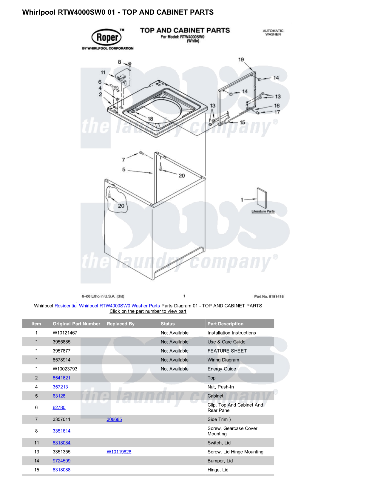 Whirlpool RTW4000SW0 Parts Diagram