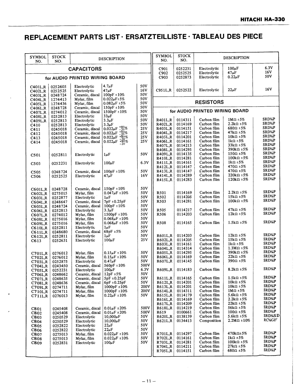 Hitachi HA-330 Parts list