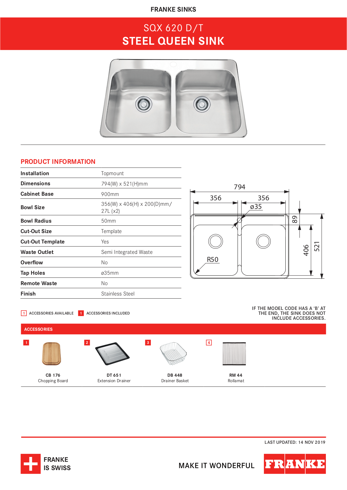 Franke SQX620DT Specifications Sheet