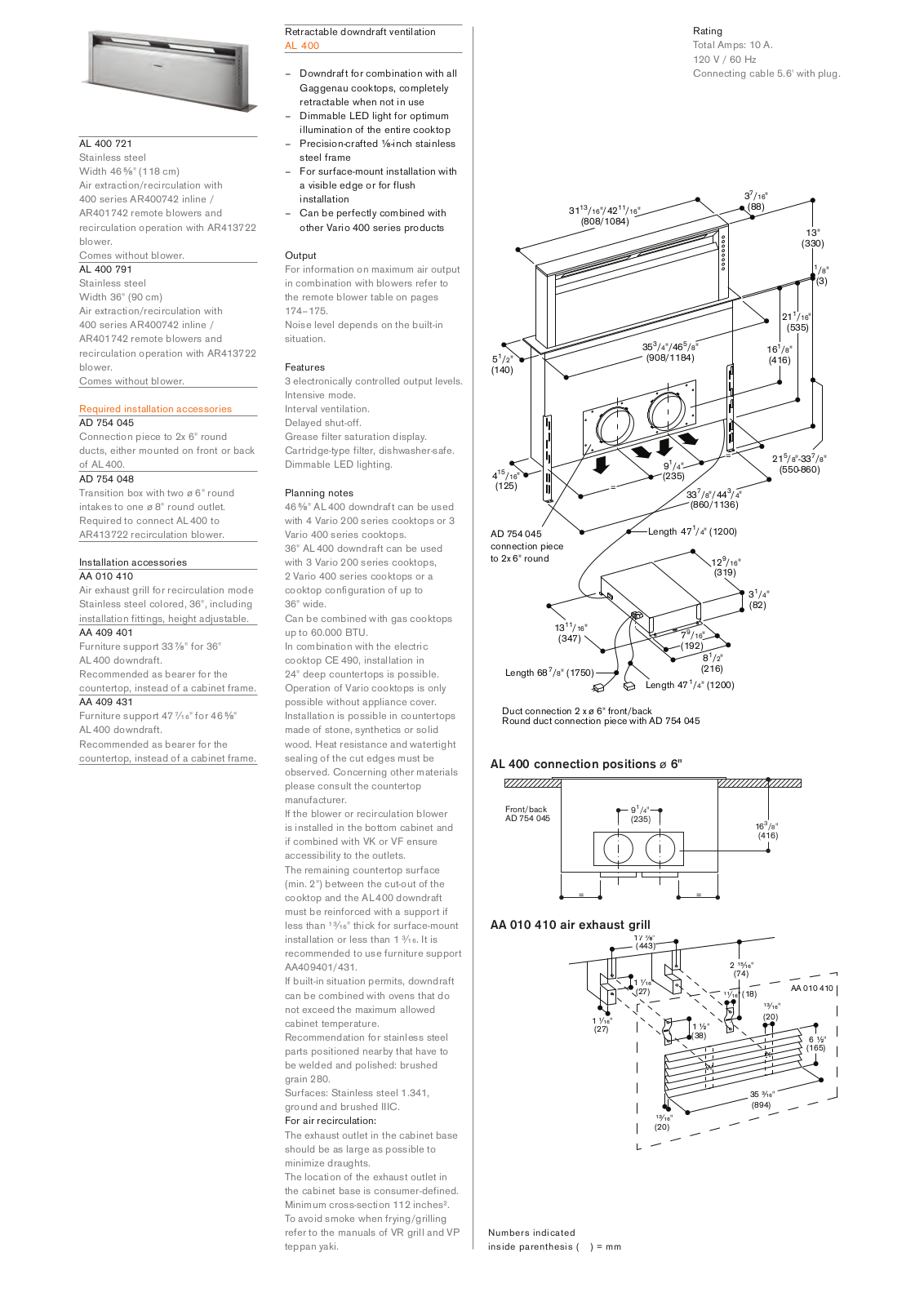 Gaggenau AL 400 721, AL 400 791 Specification Sheet