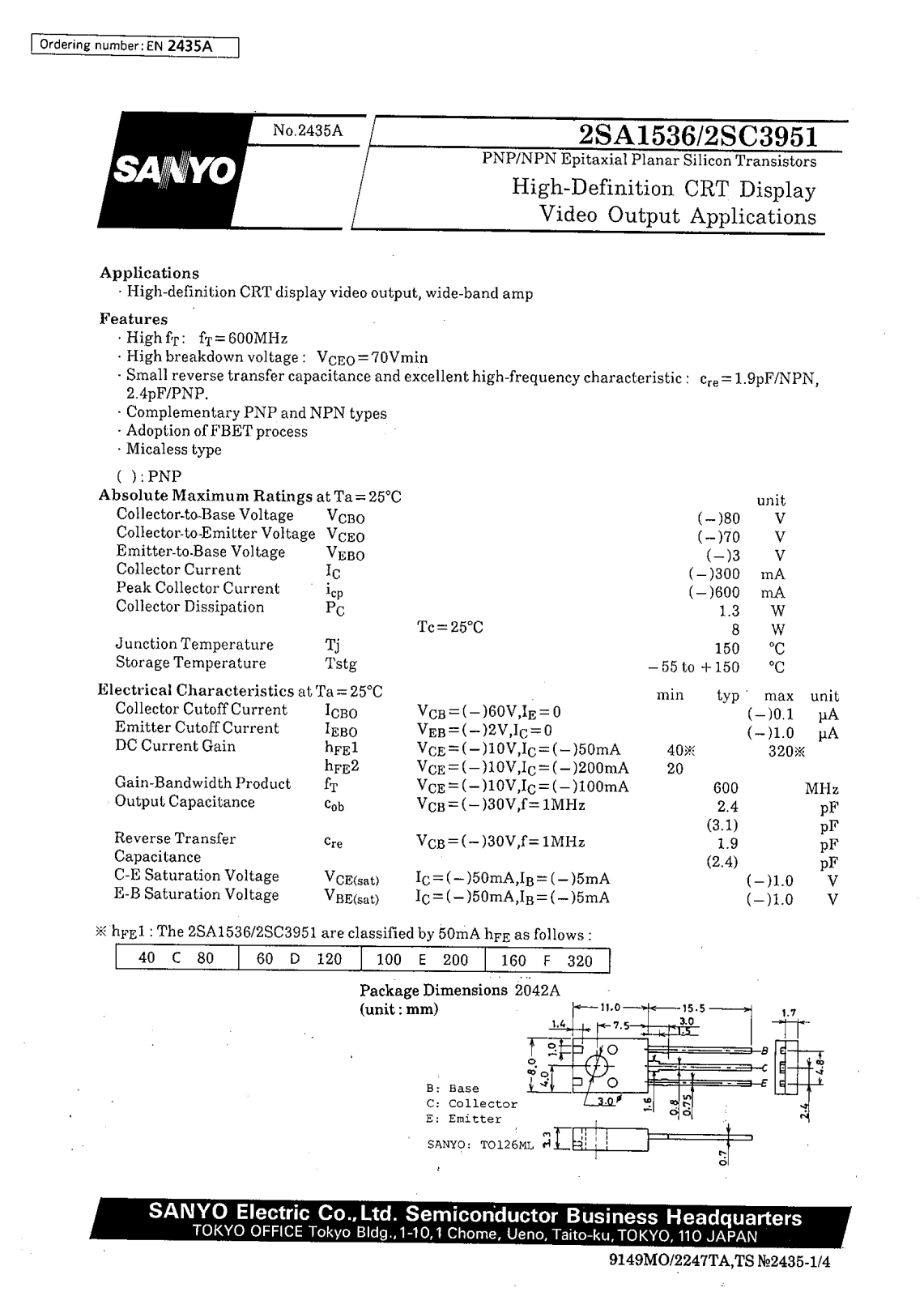 SANYO 2SC3951, 2SA1536 Datasheet