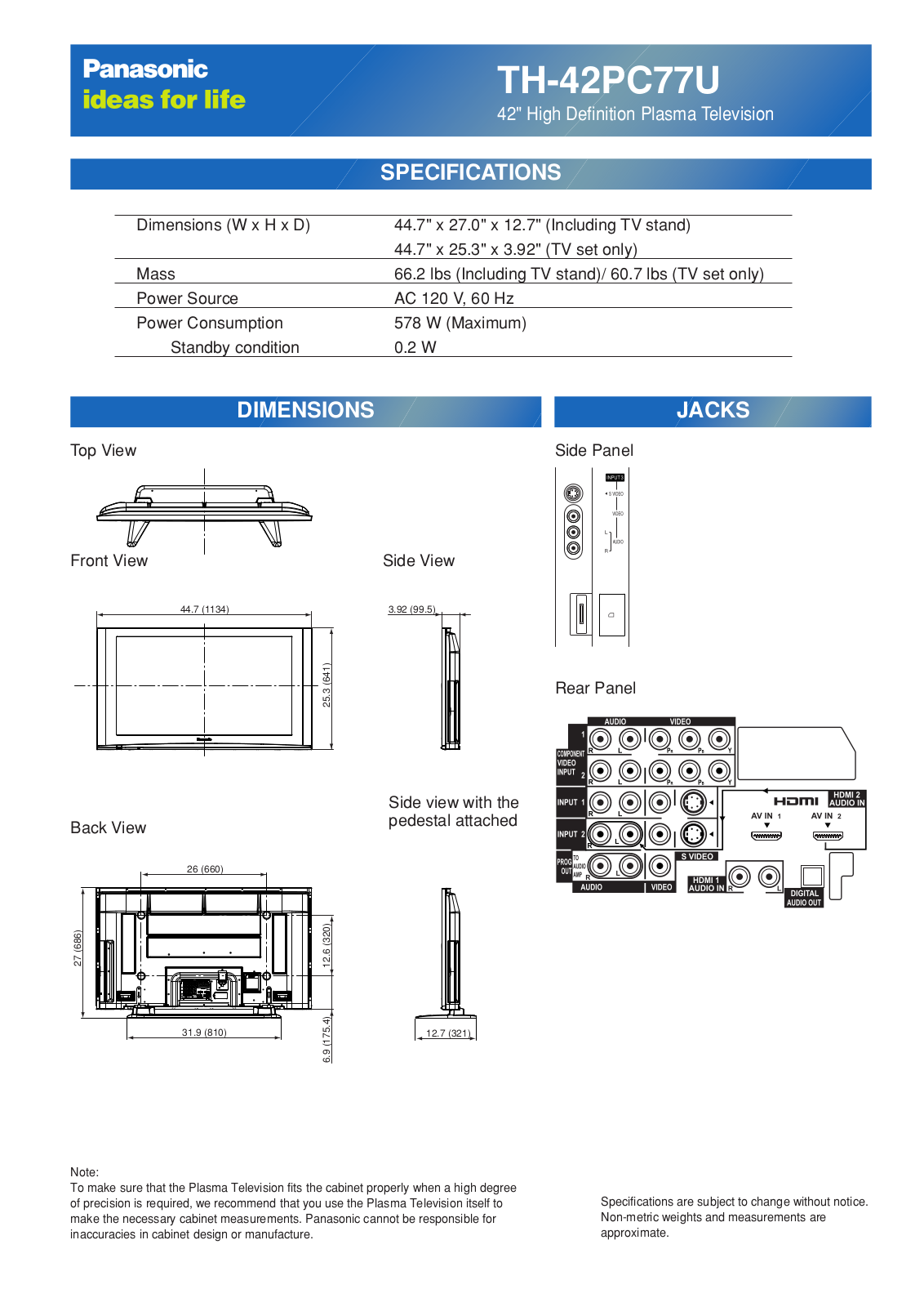Panasonic th-42pc77 cut sheet - ManualMachine.com