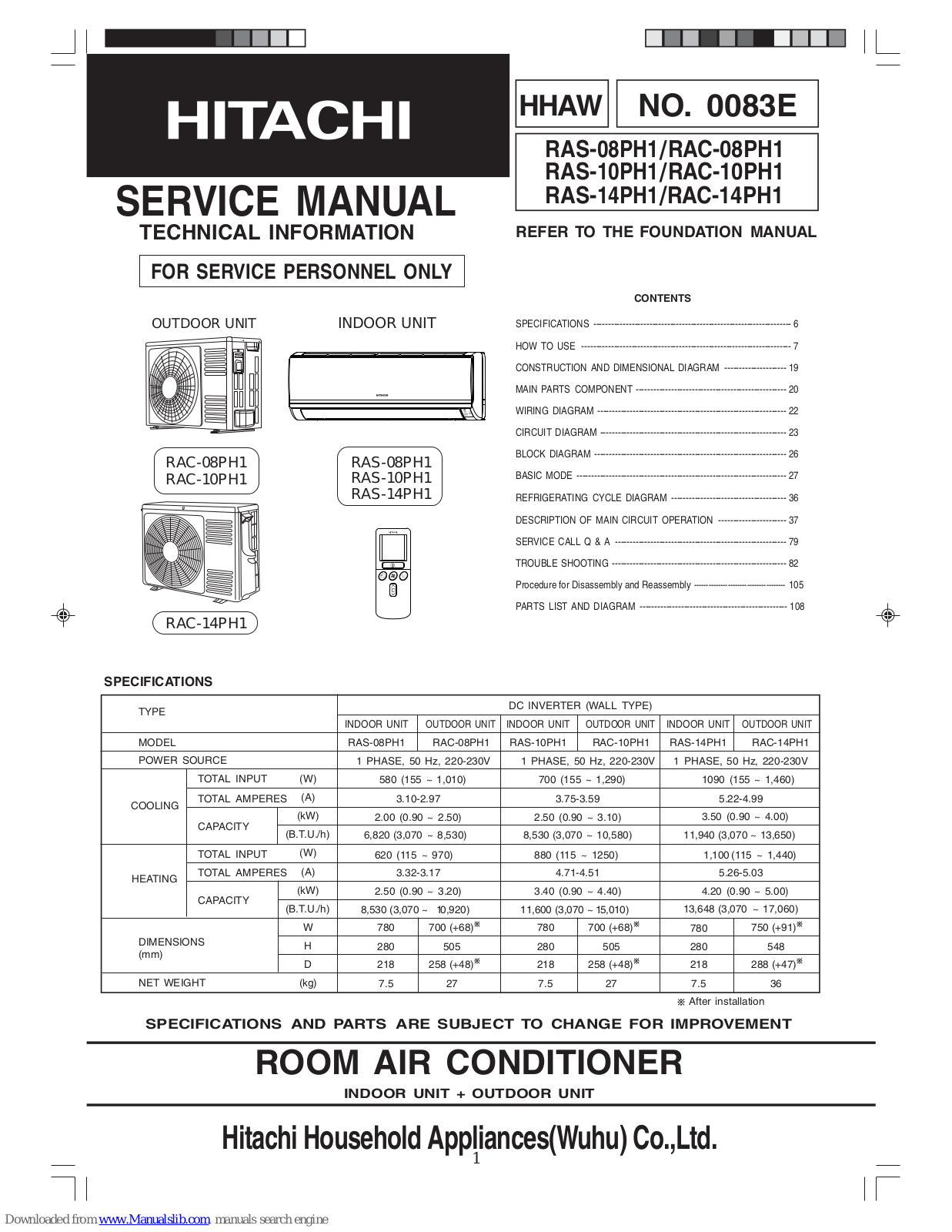 Hitachi RAS-08PH1, RAS-10PH1, RAS-14PH1, RAC-14PH1, RAC-08PH1 Service Manual