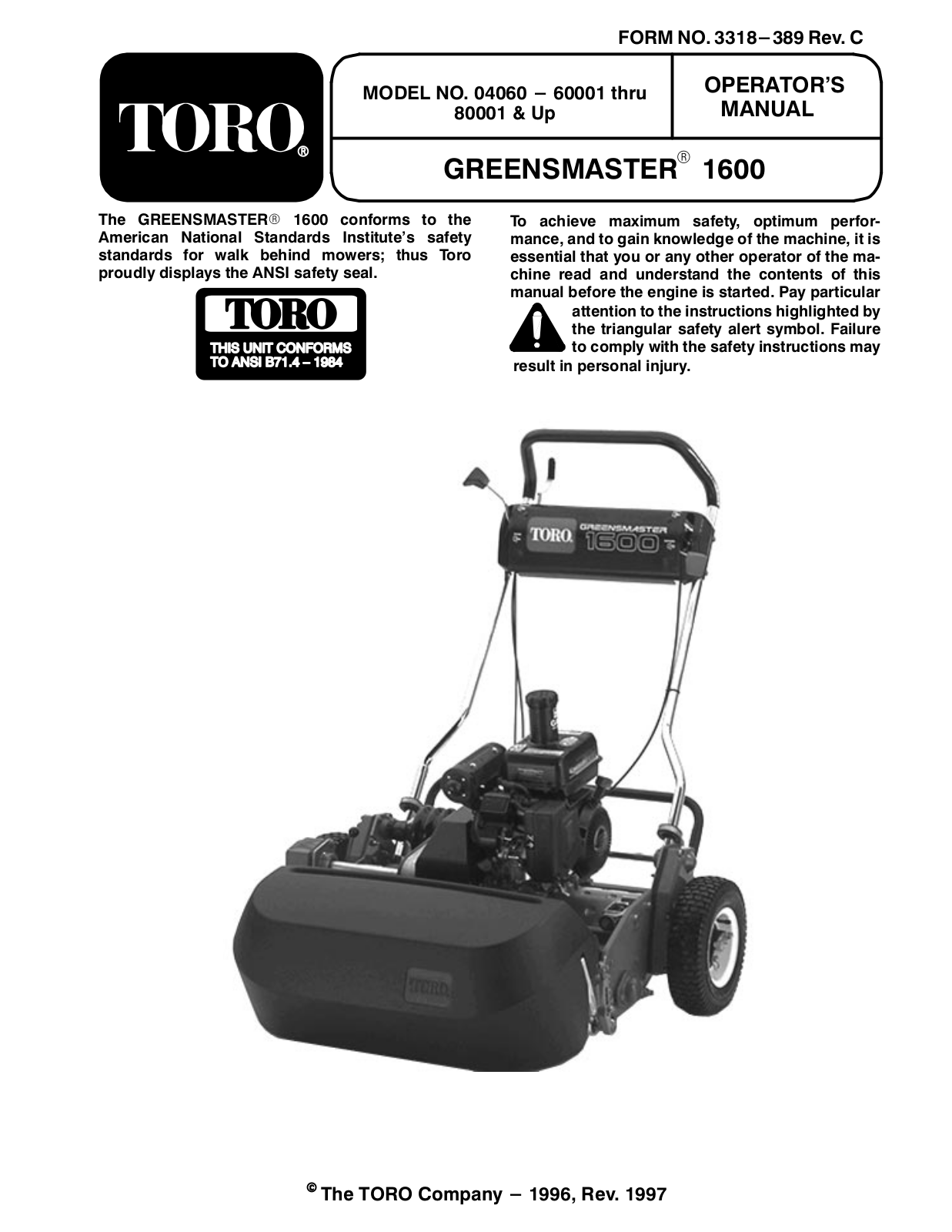 Toro 04060 Greensmaster 1600 Operator's Manual