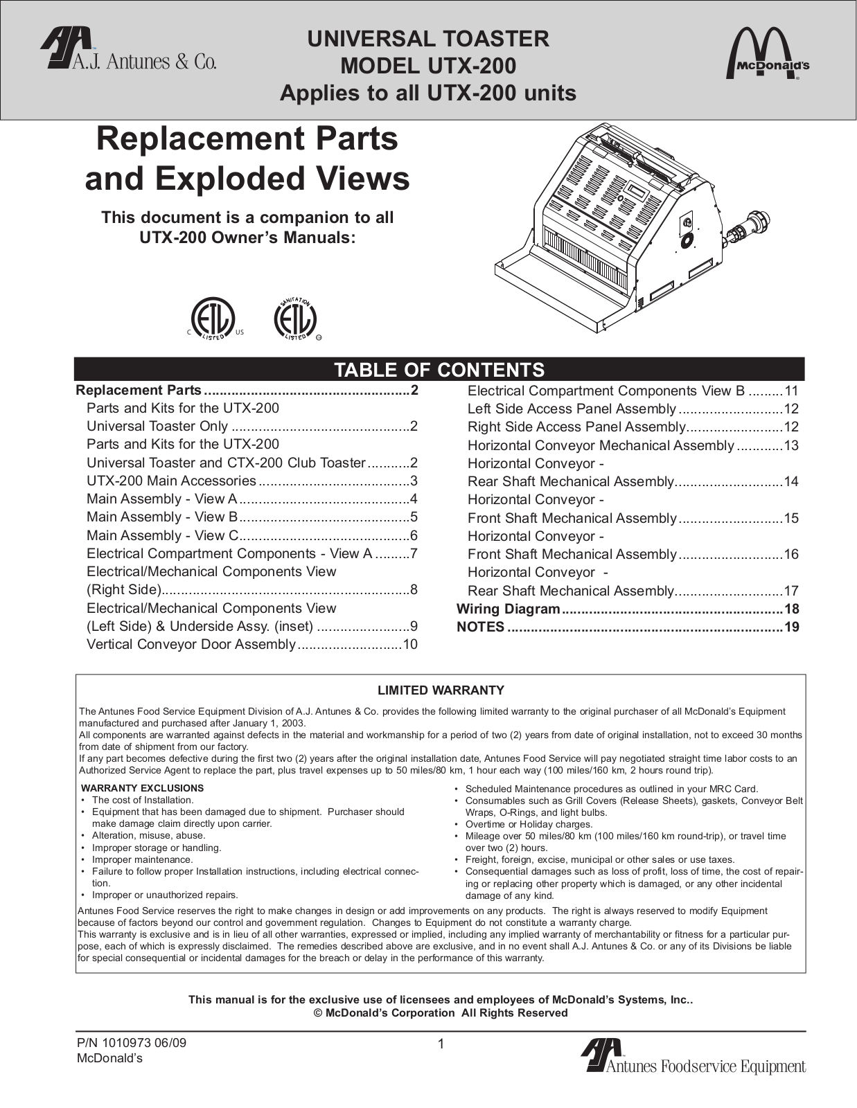 Antunes UTX-200L Parts List