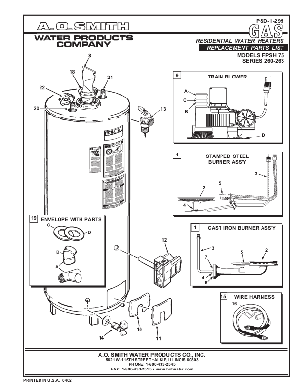 A. O. Smith FPSH-75 Parts List