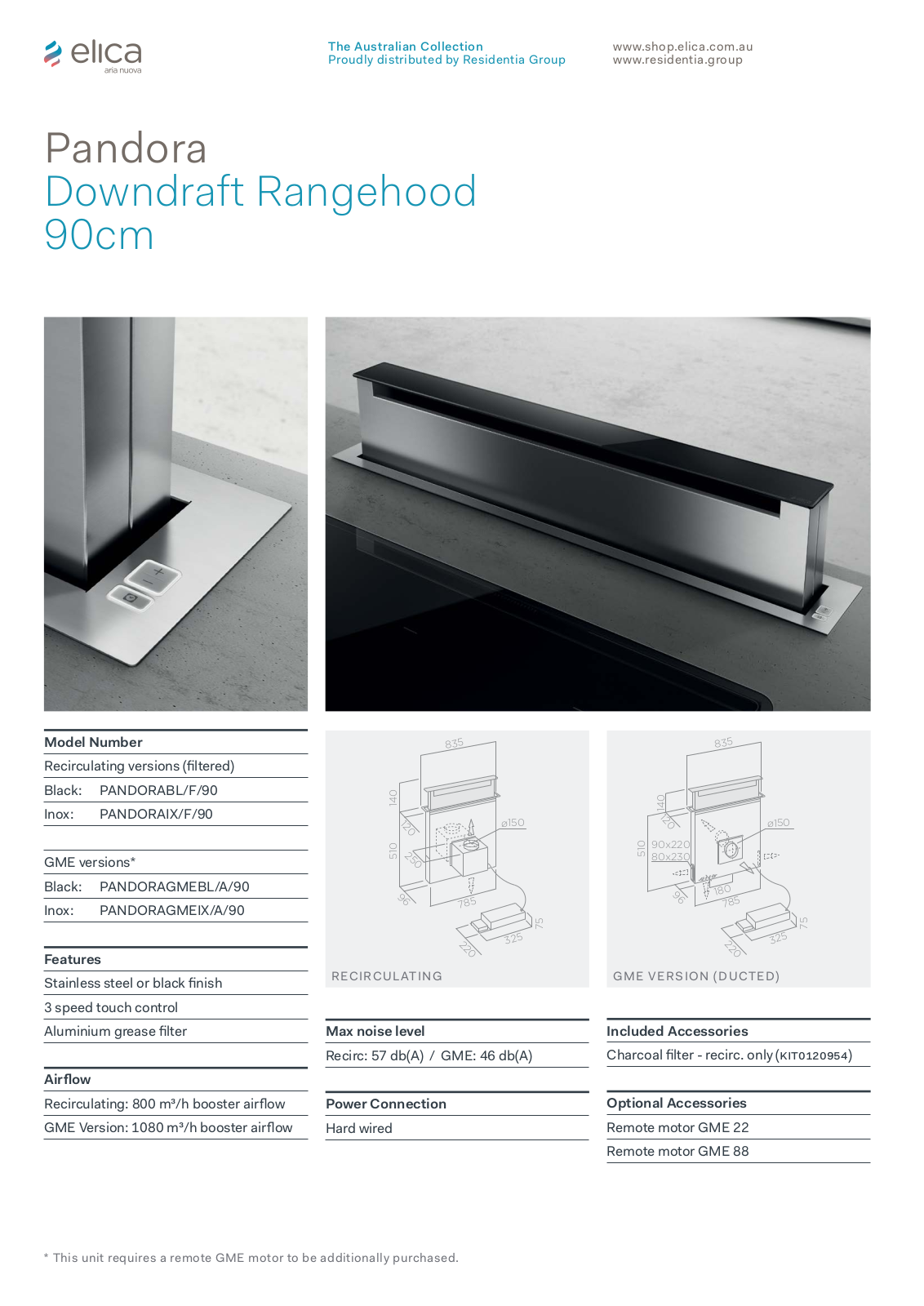 Elica PANDORAIXF90, PANDORABLF90 Specifications Sheet