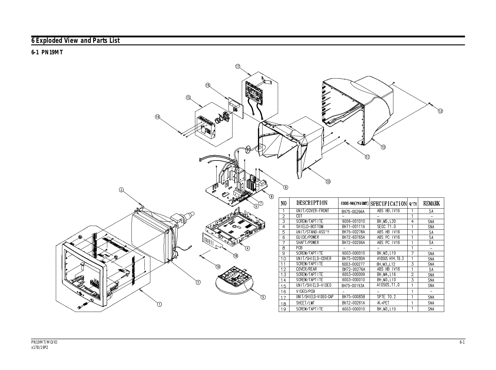 Samsung PN19MT-MO-IO, PN19MT9U Expoioded View and Parts List