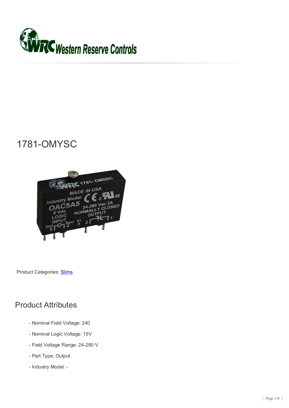 Western Reserve Controls 1781-OMYSC Data Sheet