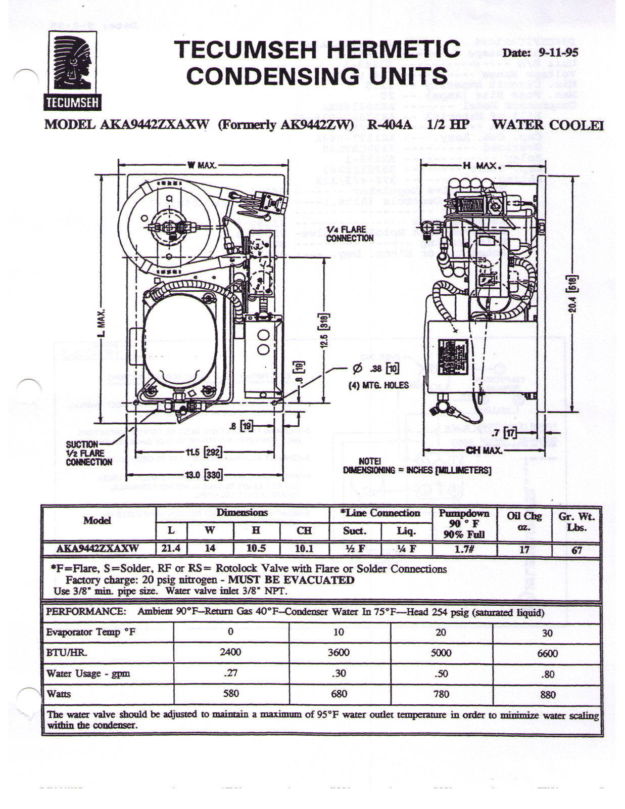 Tecumseh AKA9442ZXAXW Performance Data Sheet