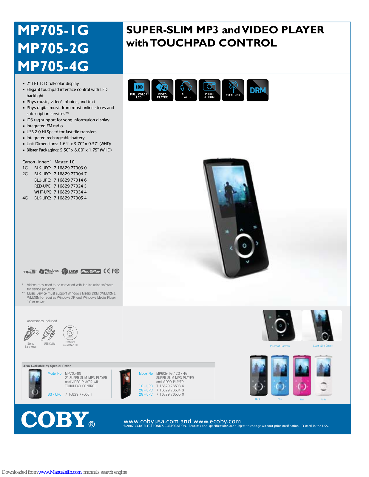 Coby mp705-1G, mp705-2G, mp705-4G, MP-705 8GB Specifications