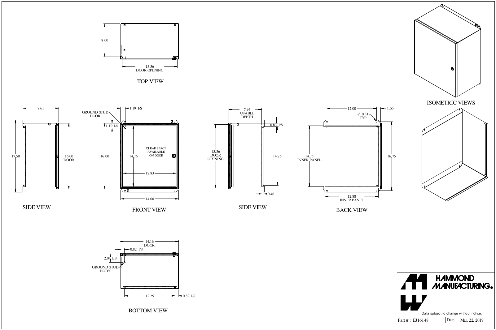 Hammond Manufacturing EJ16148 technical drawings