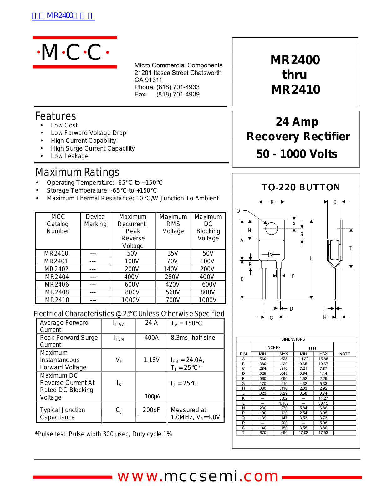 Micro Commercial Components MR2400, MR2410 Technical data