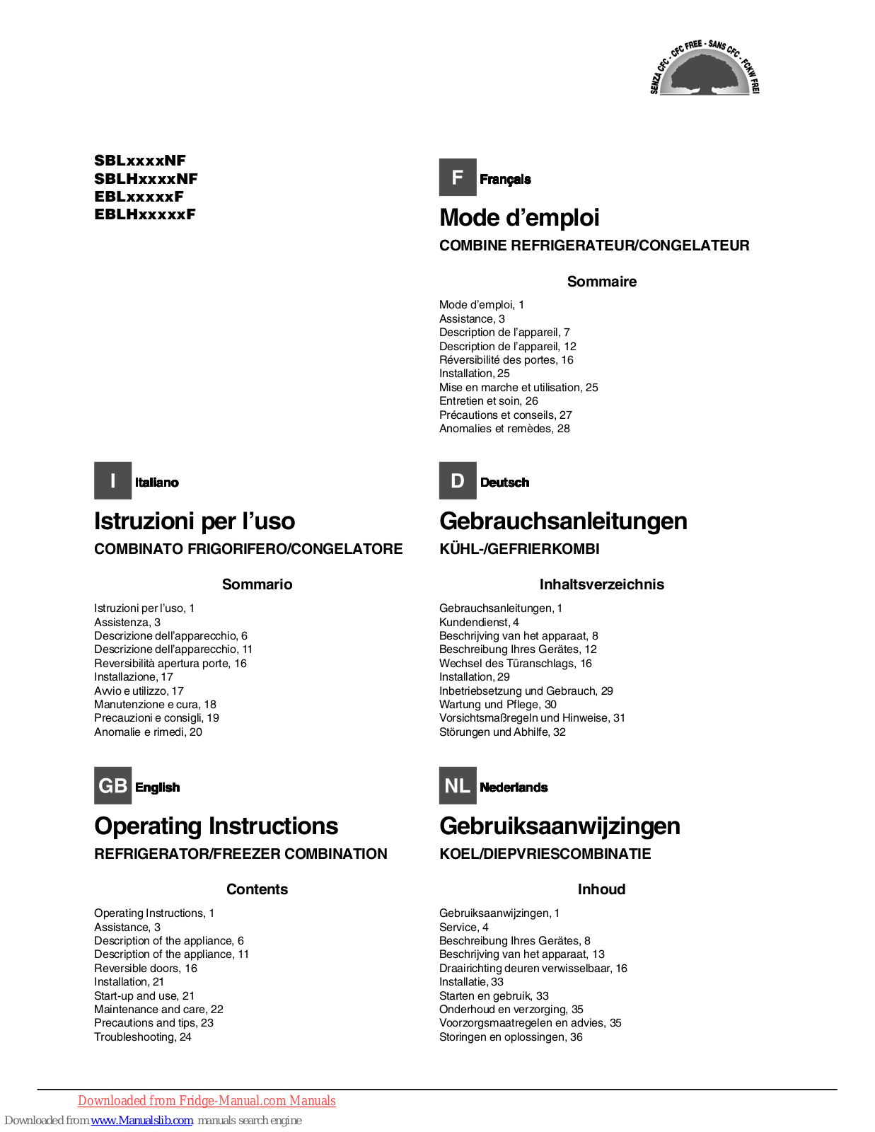 Hotpoint Ariston SBLxxxxNF, EBLxxxxxF, EBLHxxxxxF Operating Instructions Manual