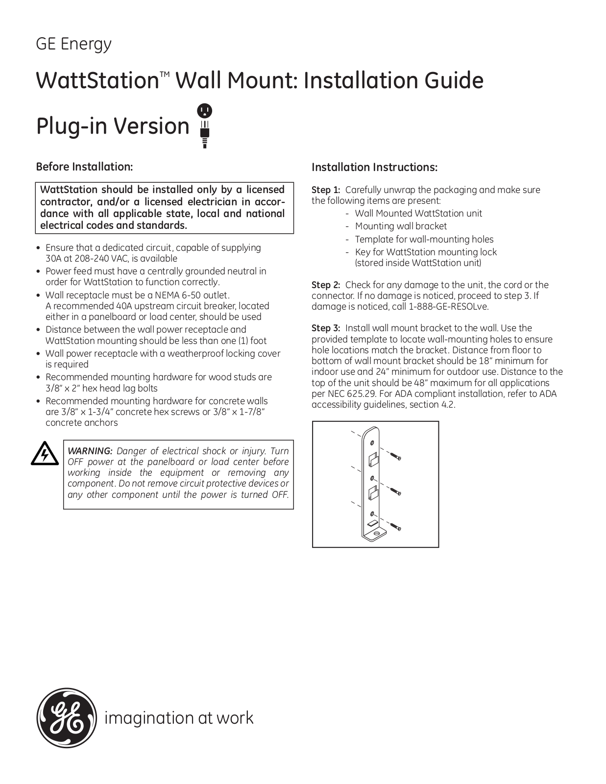 GE Industrial Solutions WattStation Wall Mount Plug-in Version User Manual