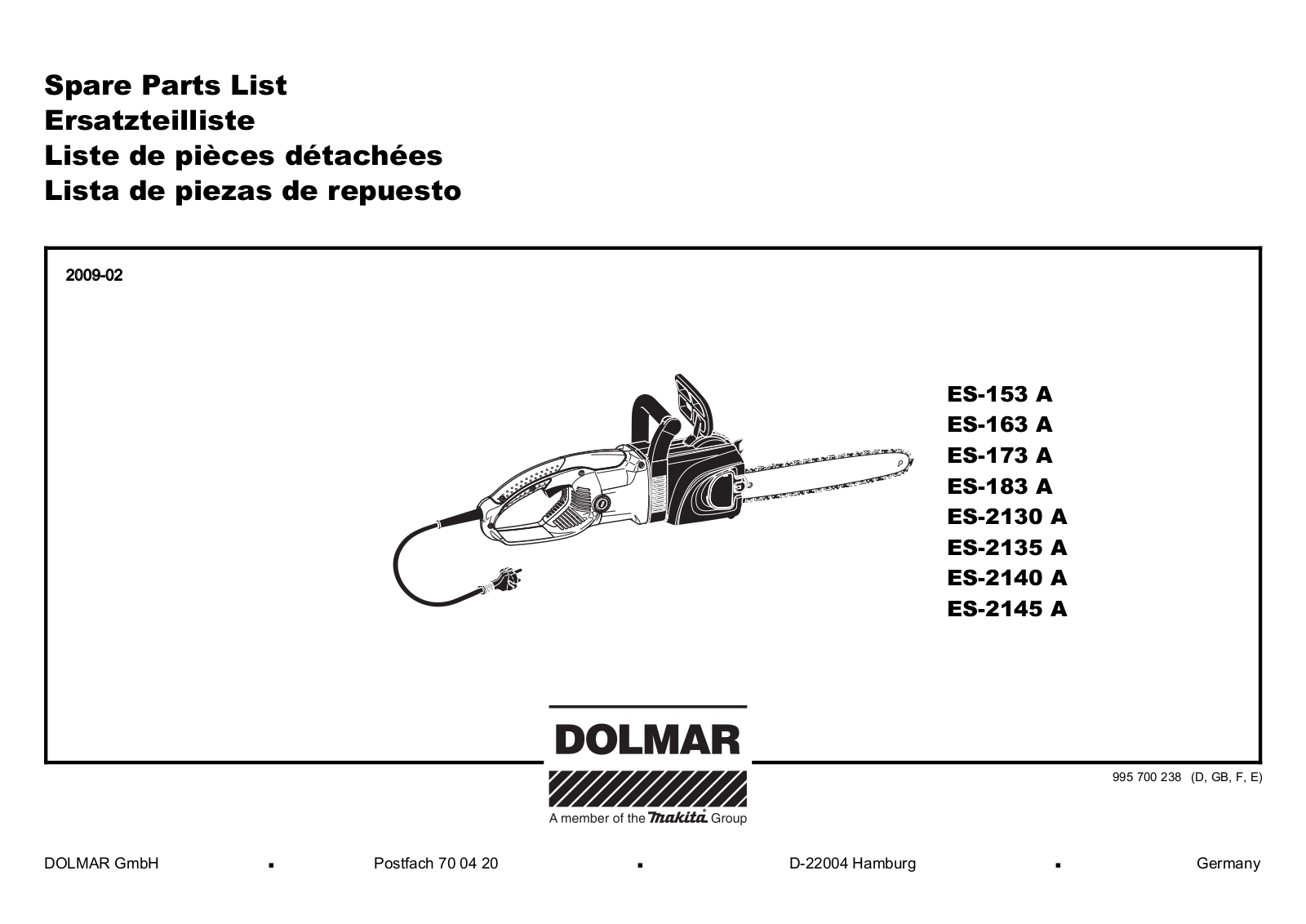 Dolmar ES-173 A, ES-153 A, ES-163 A Spare Parts List