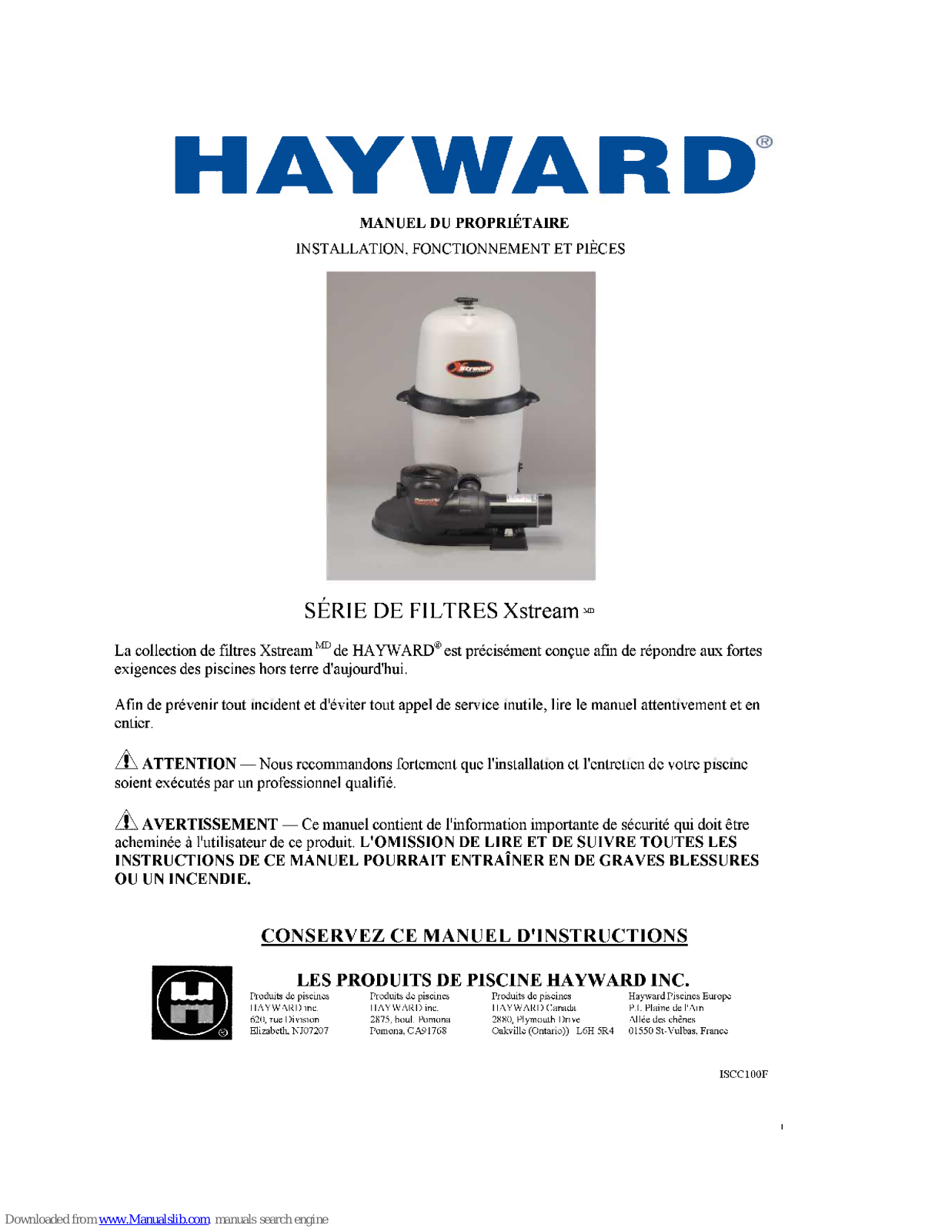 Hayward XStream, XStream CC1000, XStream CC1500, XStream CC2000 Manuel Du Propriétaire