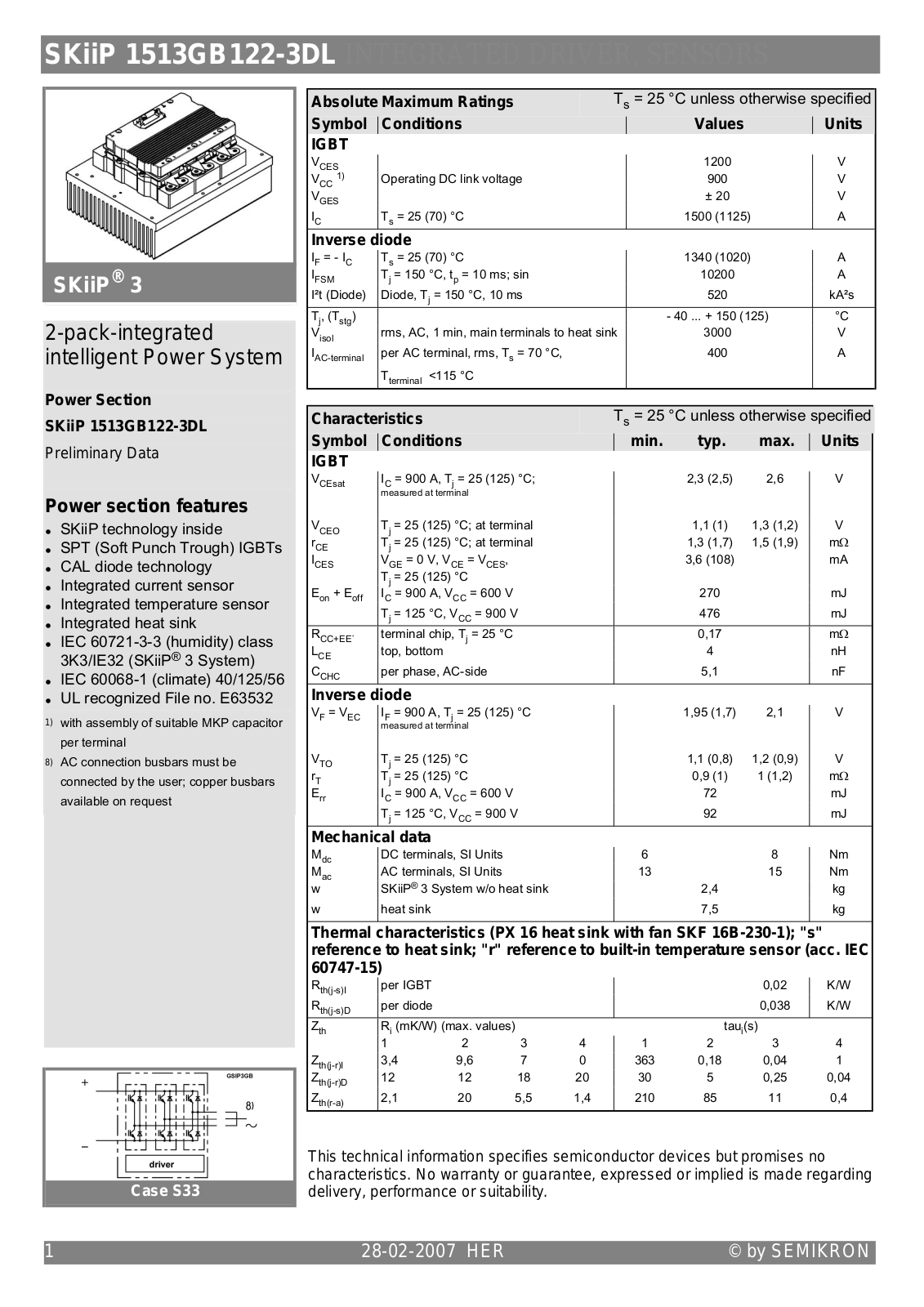 Semikron SKIIP1513GB122-3DL Data Sheet