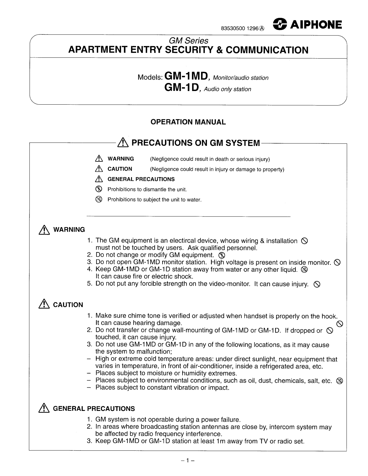 Aiphone GM-1MD, GM-1D Operation Manual