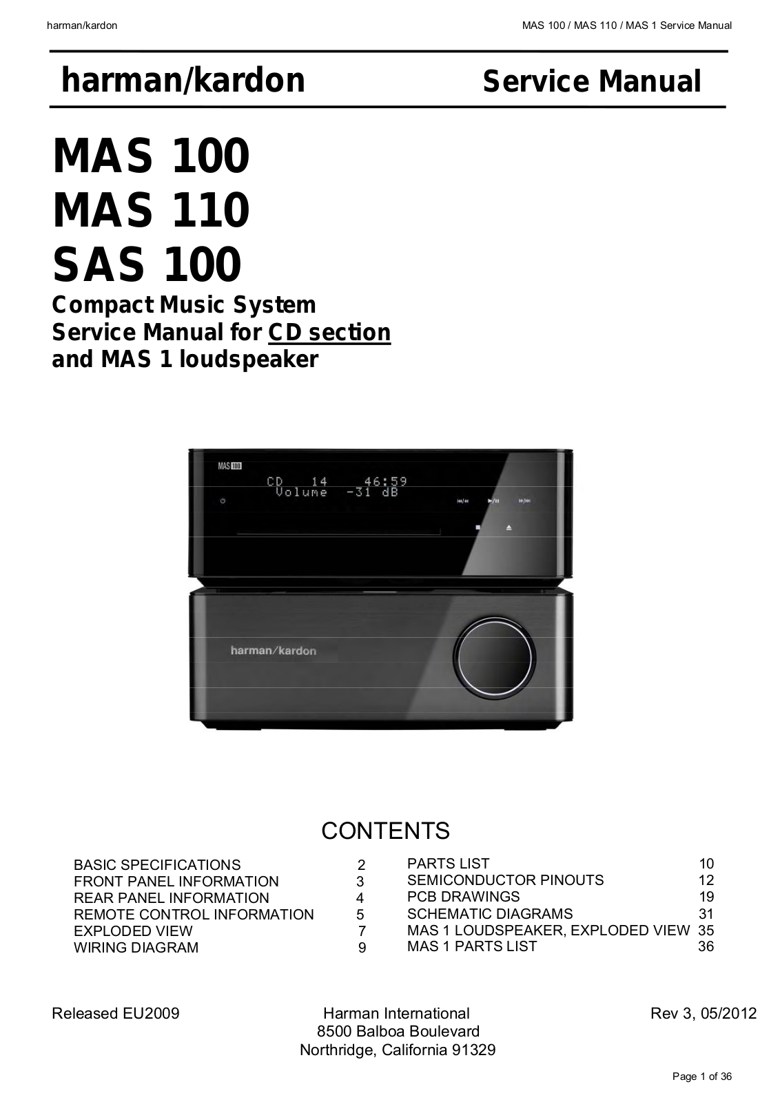 Harman Kardon SAS-100, MAS-100 Service Manual