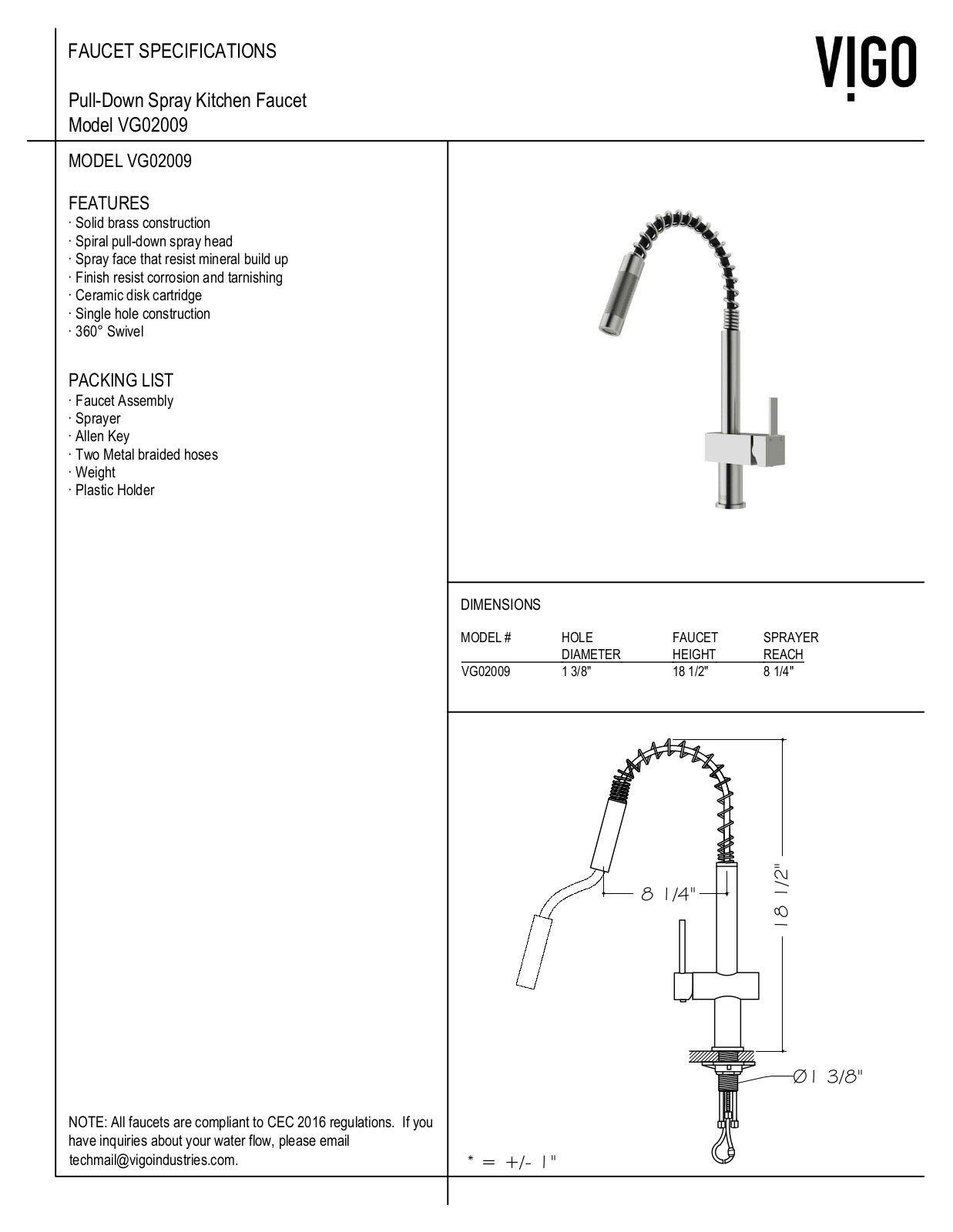 Vigo VG02009STK2 Specifications