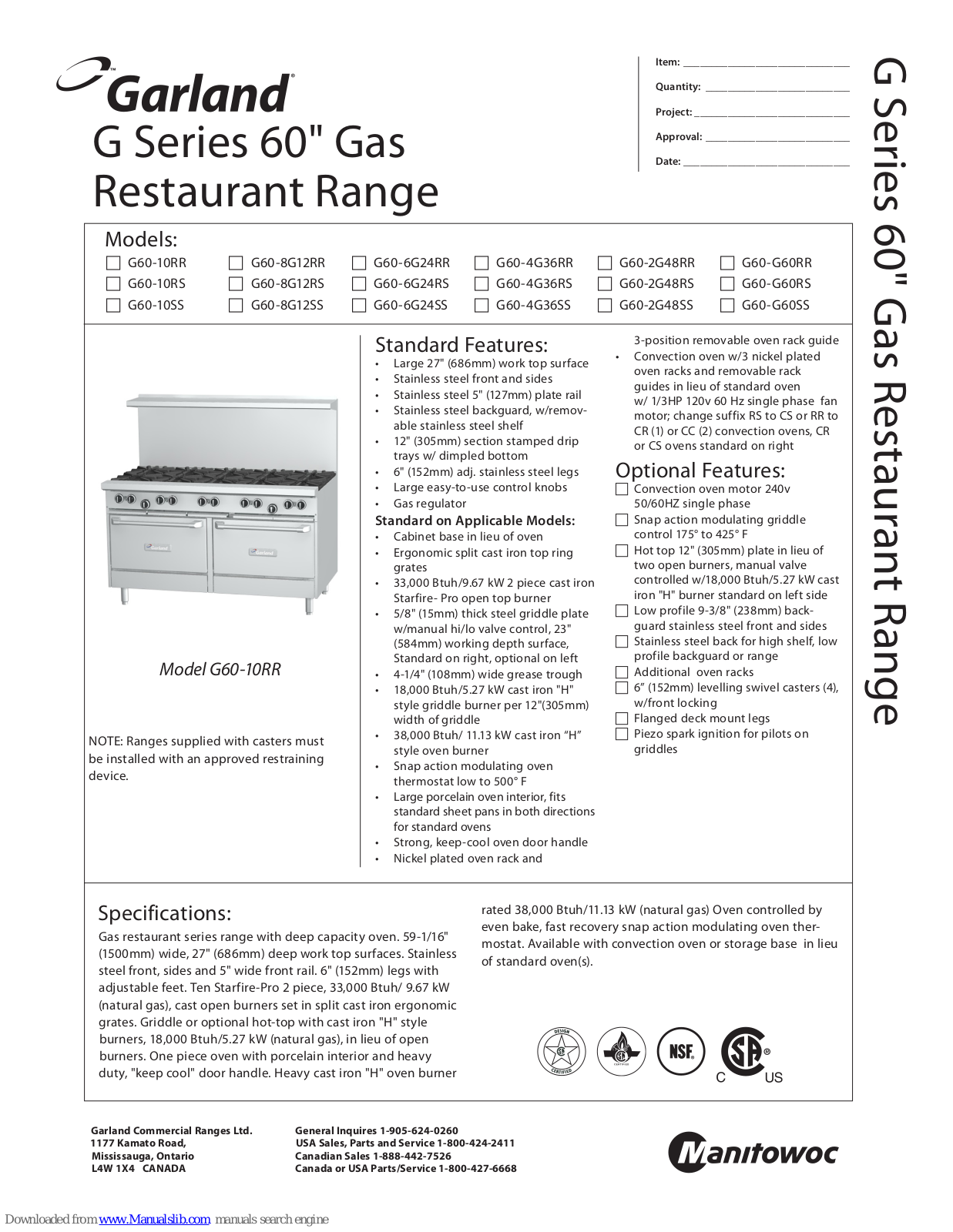 Garland G60-2G48RR, G60-8G12RR, G60-G60RR, G60-10RS, G60-8G12RS Instruction Manual