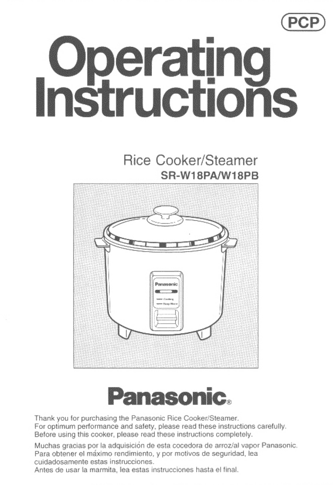 Panasonic Sr-w18pa, Sr-w18pb Owner's Manual