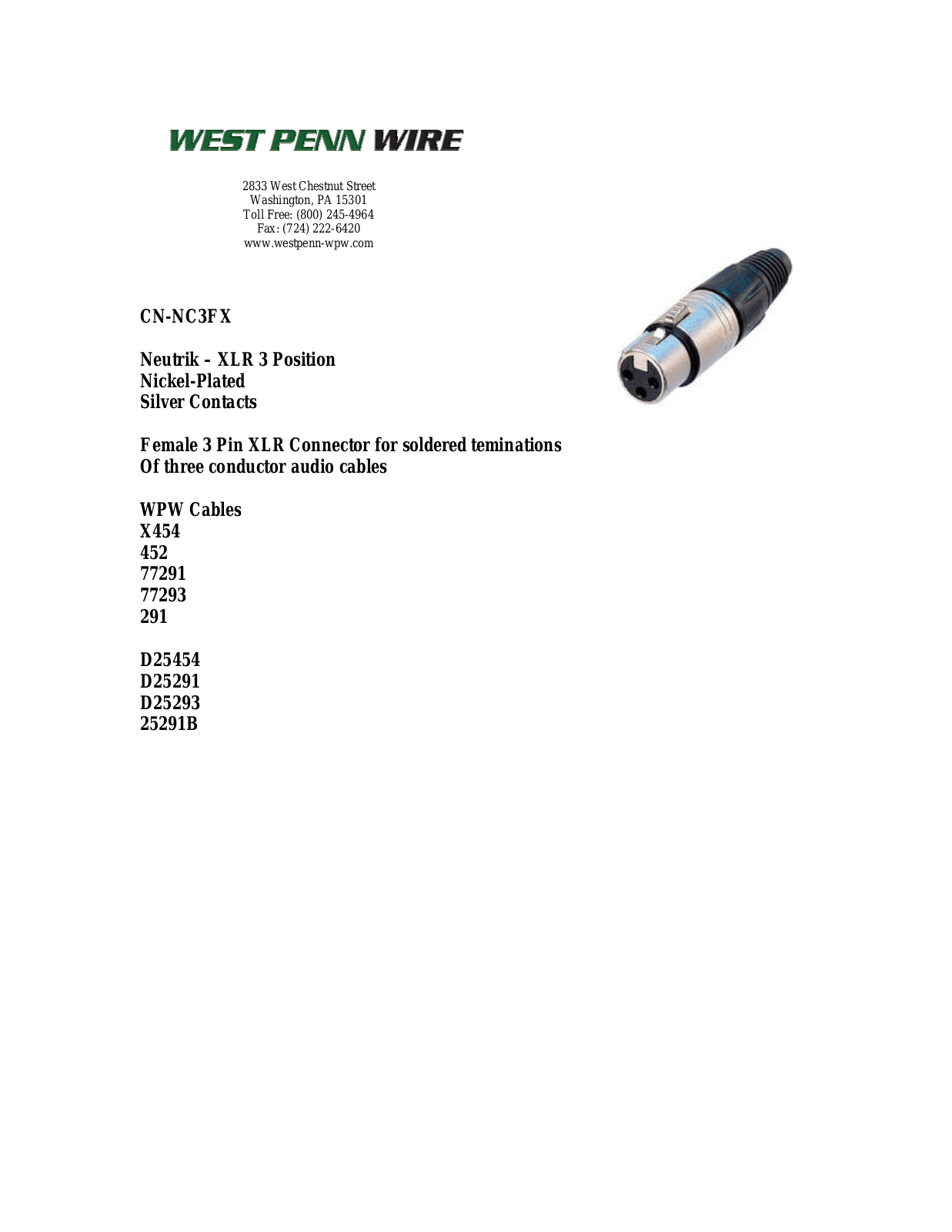 West Penn CN-NC3FX Specsheet