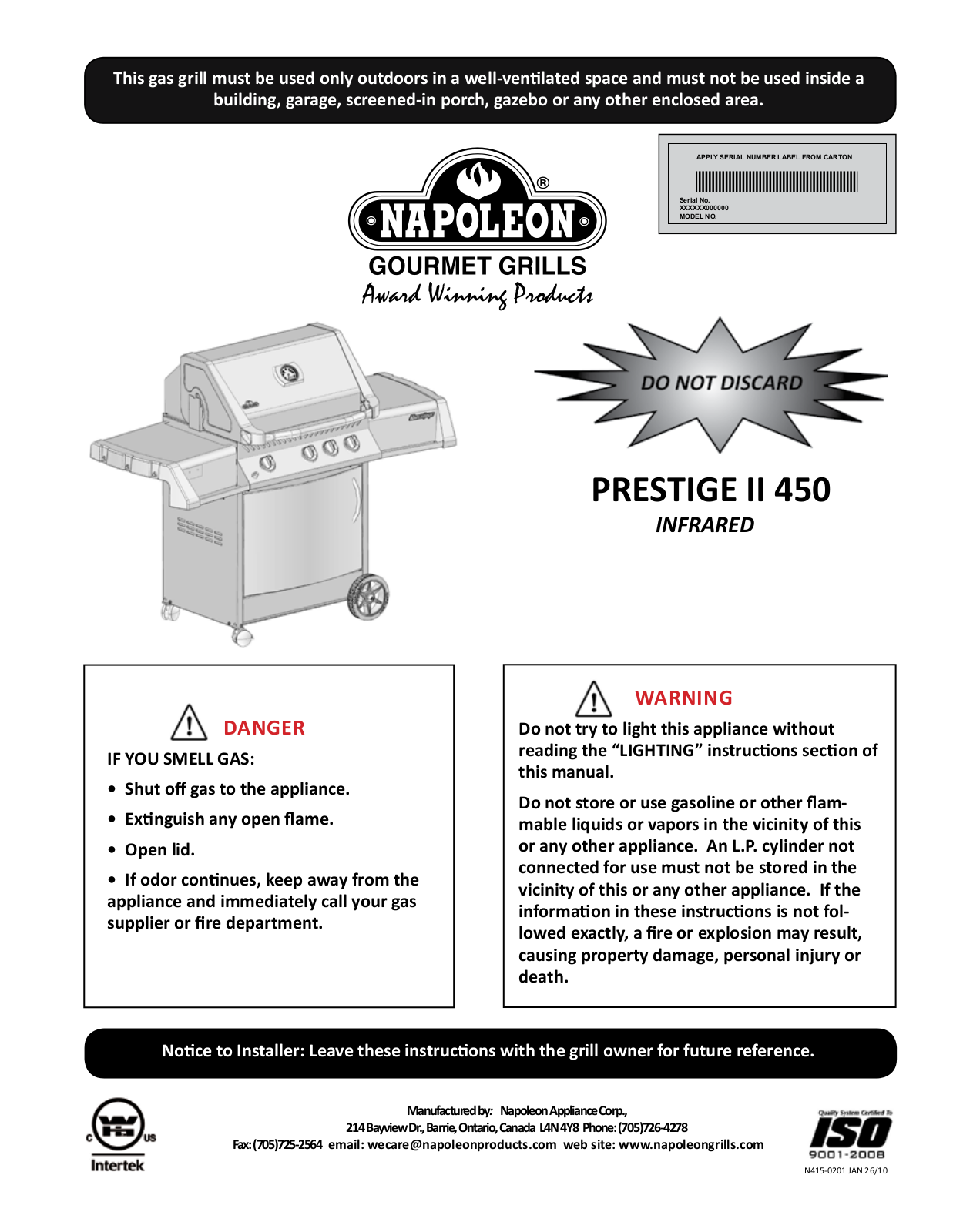 Napoleon Grills N415-0201, PRESTIGE II 450 User Manual