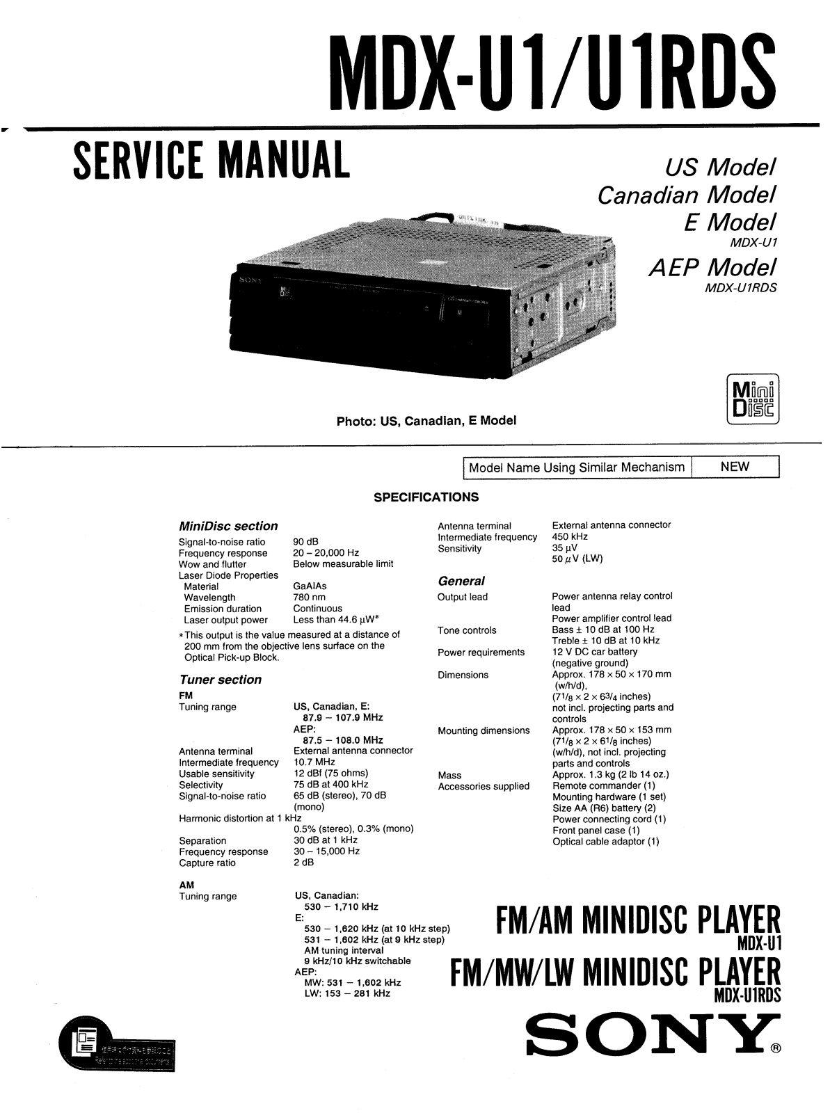 Sony MDX-U1, MDX-U1RDS Service Manual