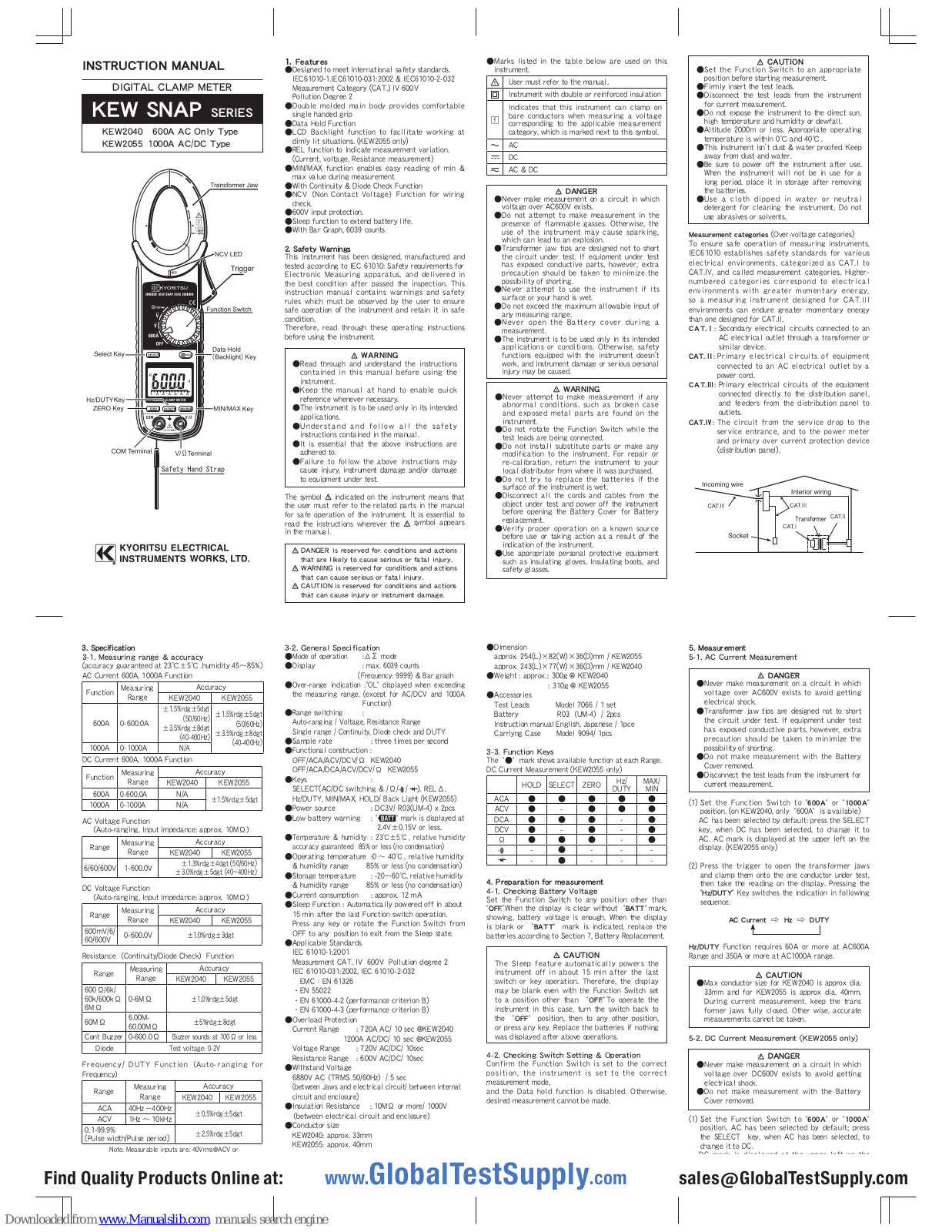 Kyoritsu Electrical Instruments Works, Ltd. KEW2040, KEW2055 Instruction Manual