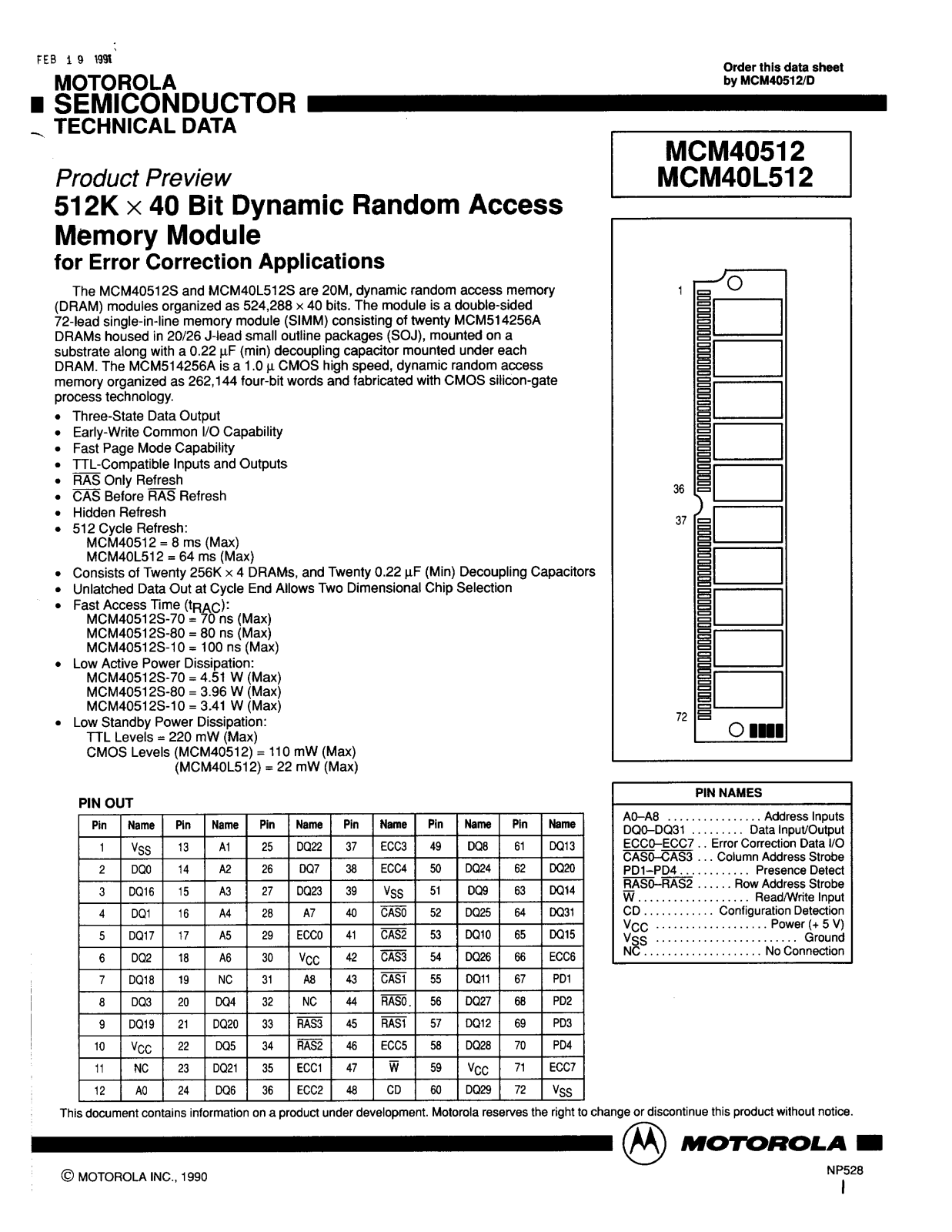 Motorola MCM40L512SG10, MCM40L512S10, MCM40L512S70, MCM40L512S80, MCM40512SG70 Datasheet