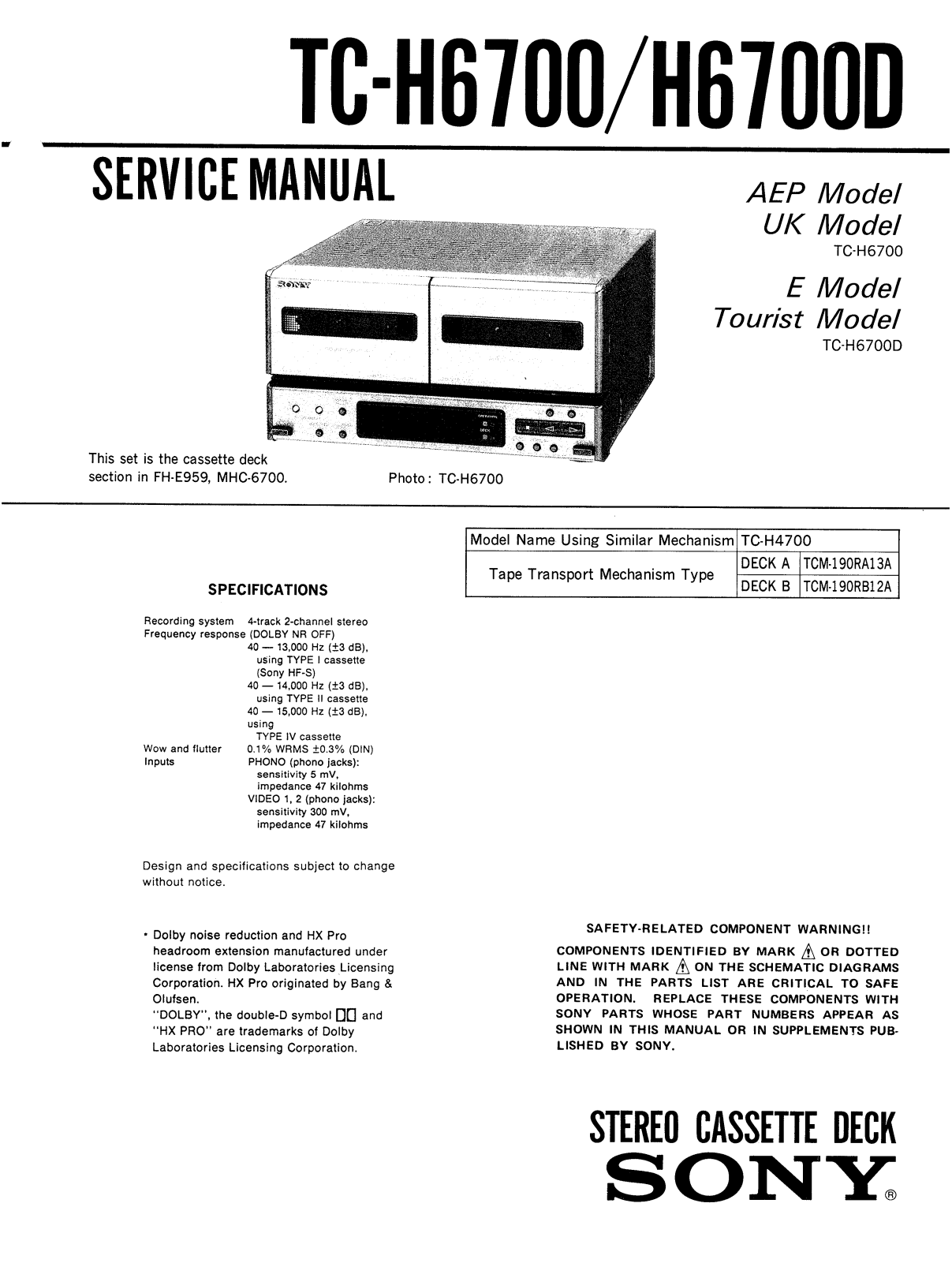 Sony TCH-6700 Service manual