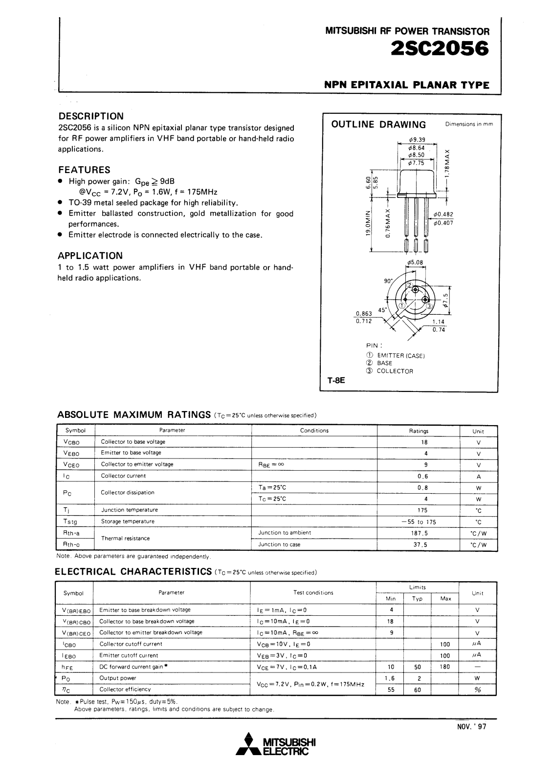 Mitsubishi Electric Corporation Semiconductor Group 2SC2056 Datasheet