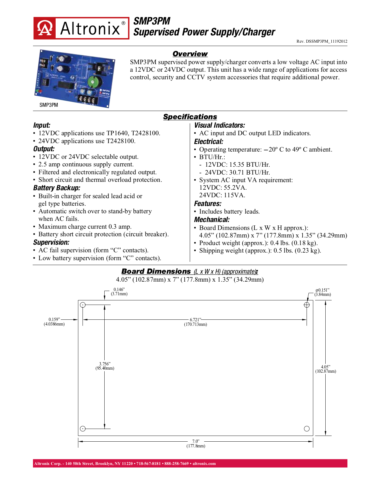 Altronix SMP3PM Data Sheet