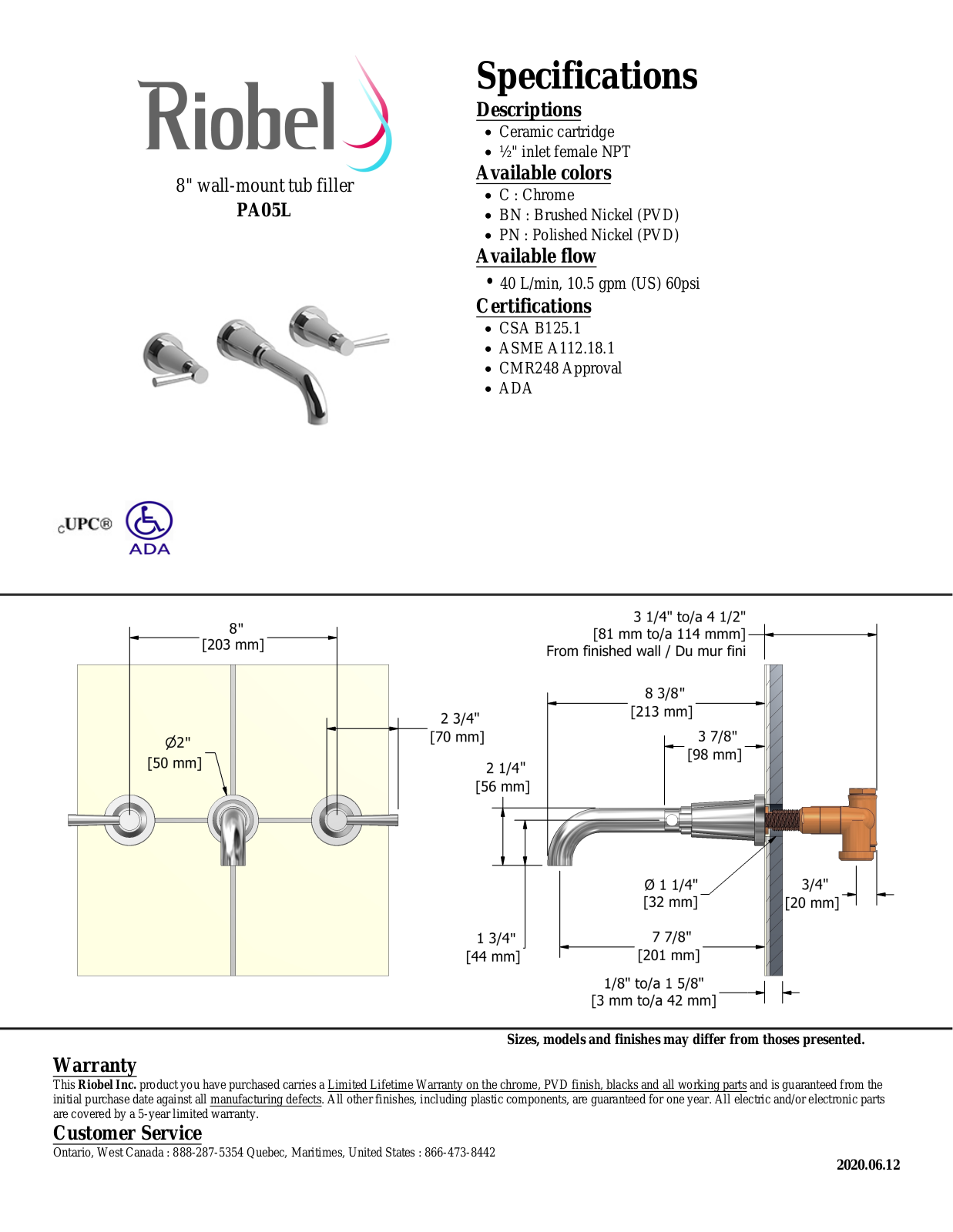 Riobel PA05LC, PA05LBN, PA05LPN Specifications - ManualMachine.com