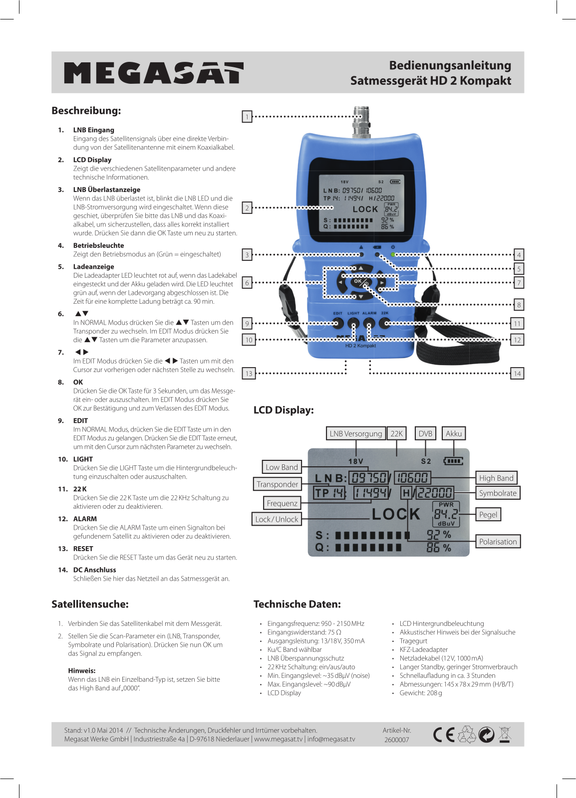 MegaSat Satmeter HD2 Compact User guide