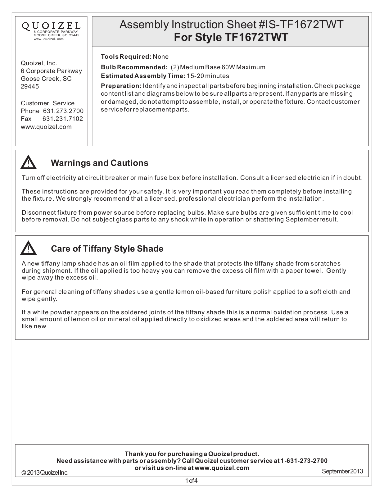 Quoizel TF1672TWT User Manual