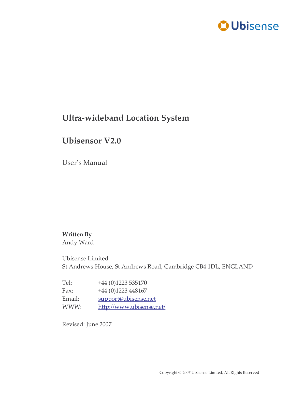 Ubisense America SENSOR20 User Manual