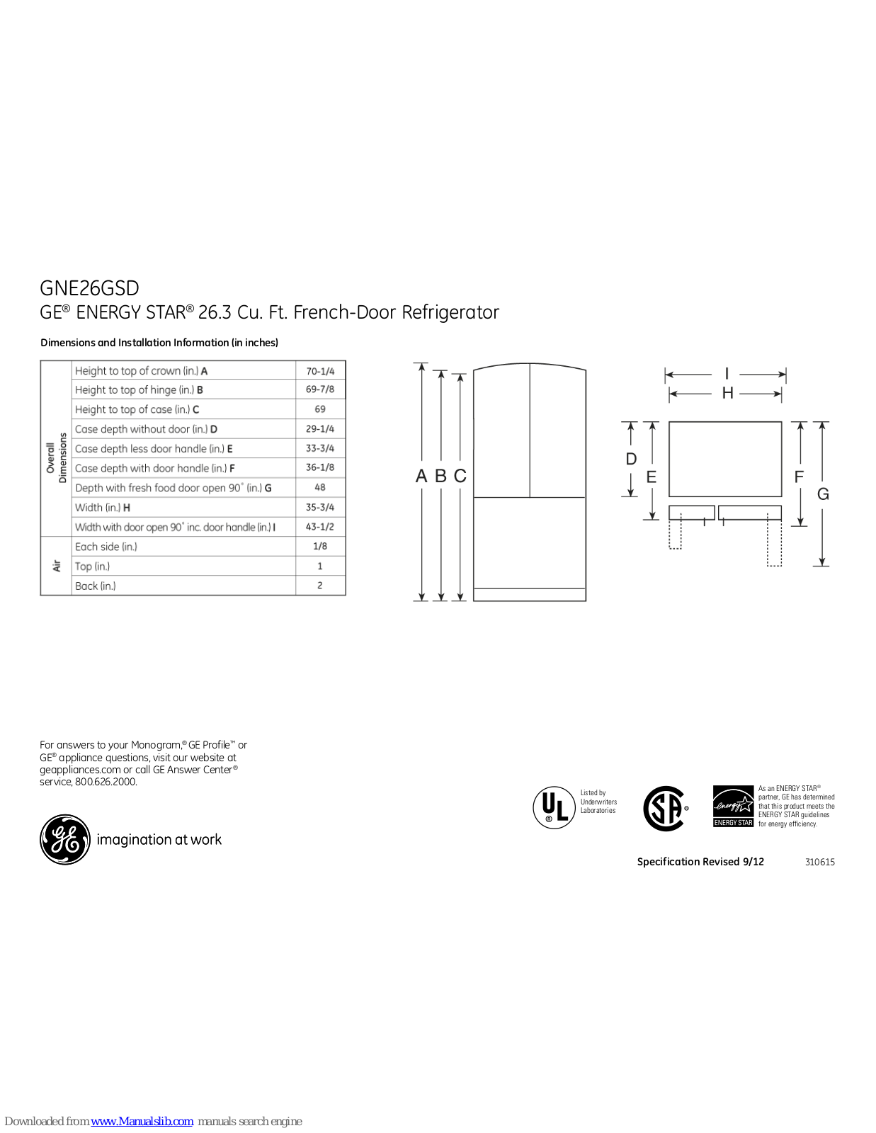 GE GNE26GSDSS, ENERGY STAR GNE26GSD Dimensions And Installation Information