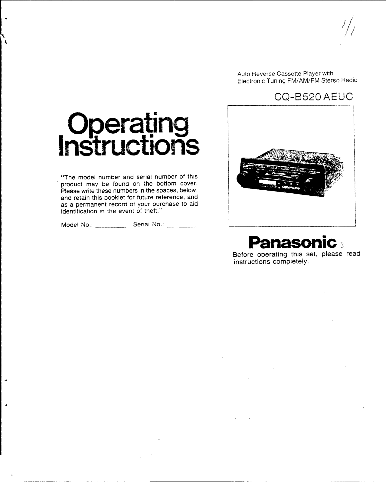 Panasonic cq-b520 Operation Manual