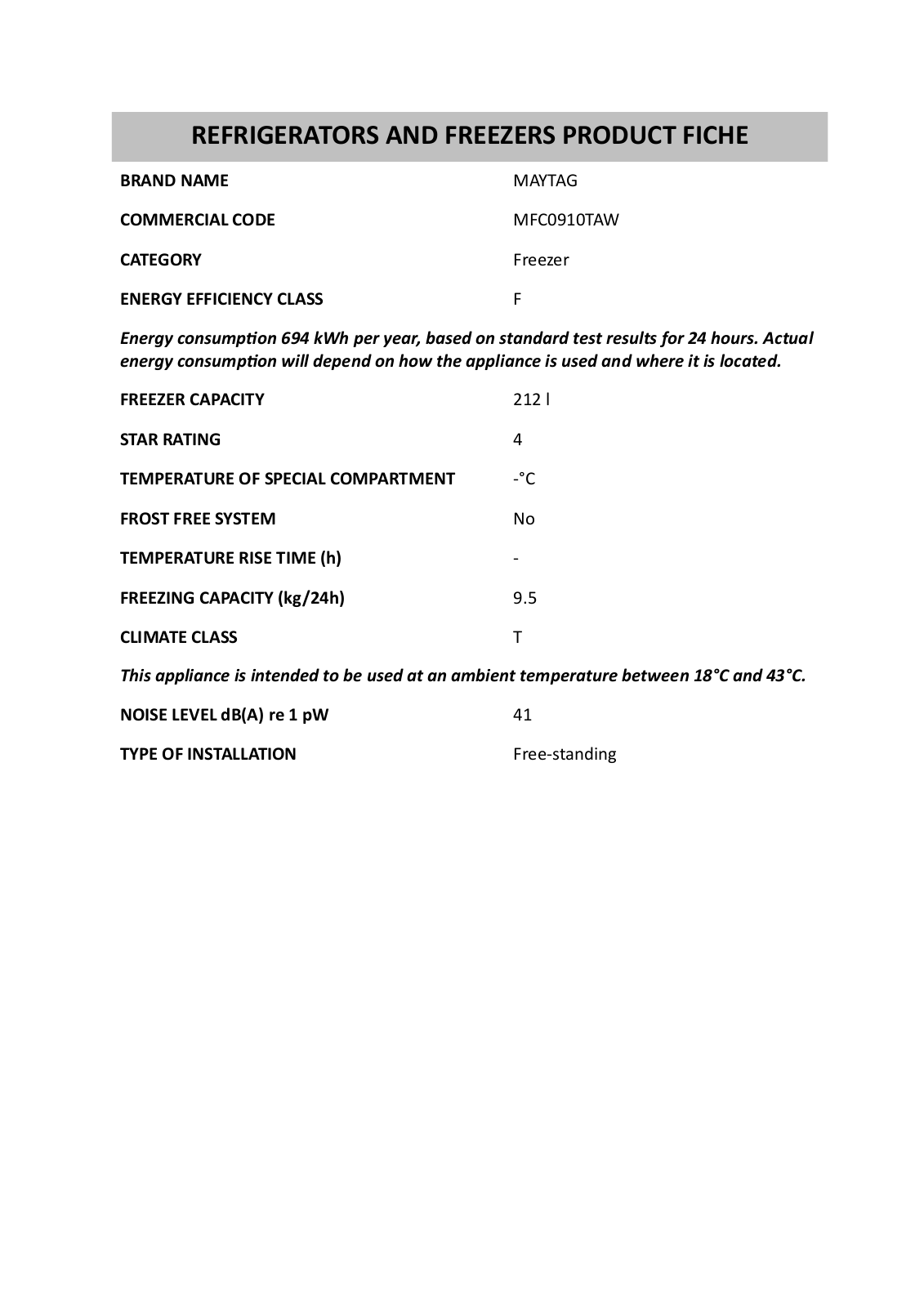 Whirlpool MFC0910TAW Product Sheet