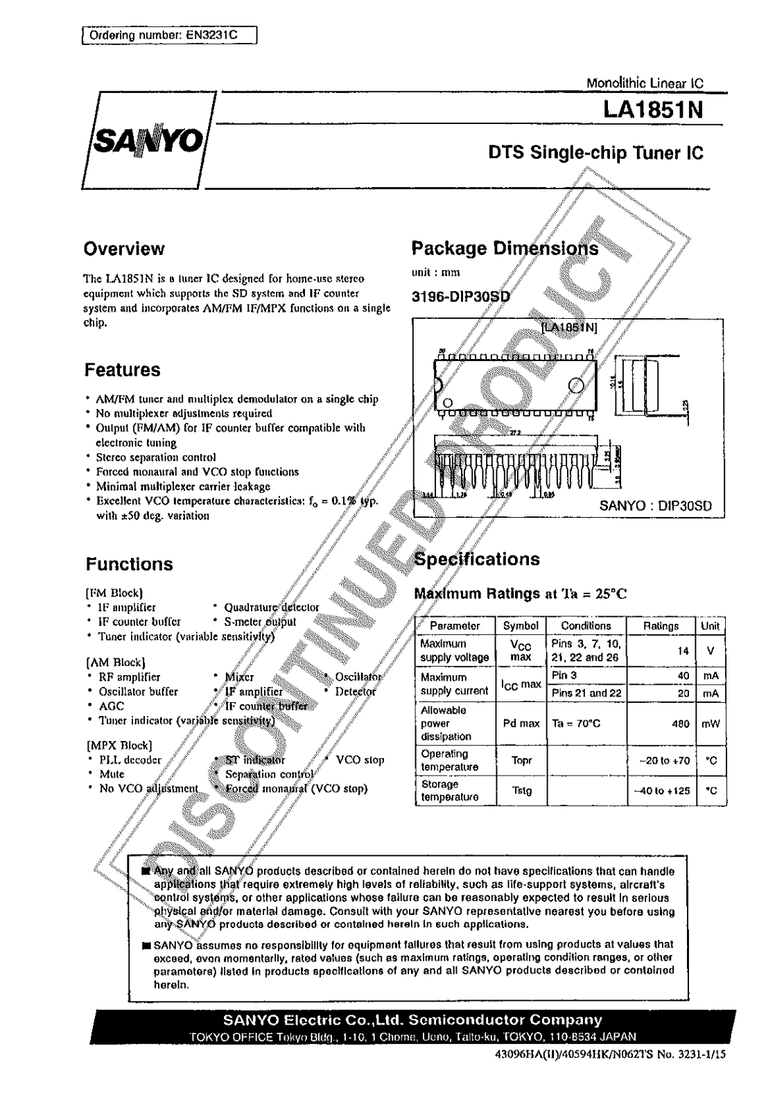 Sanyo LA1851N Specifications